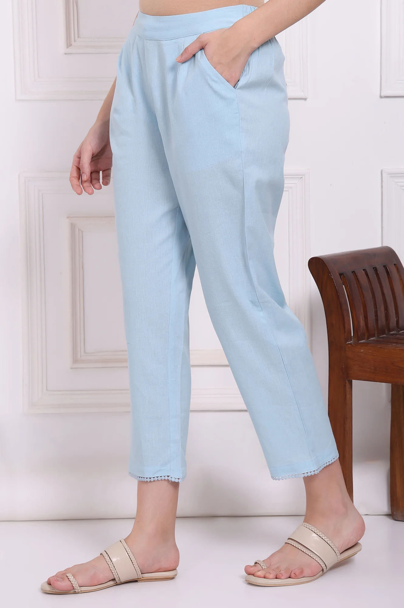 Blue Solid Cotton Flax Straight Pants with Lace - Image 2