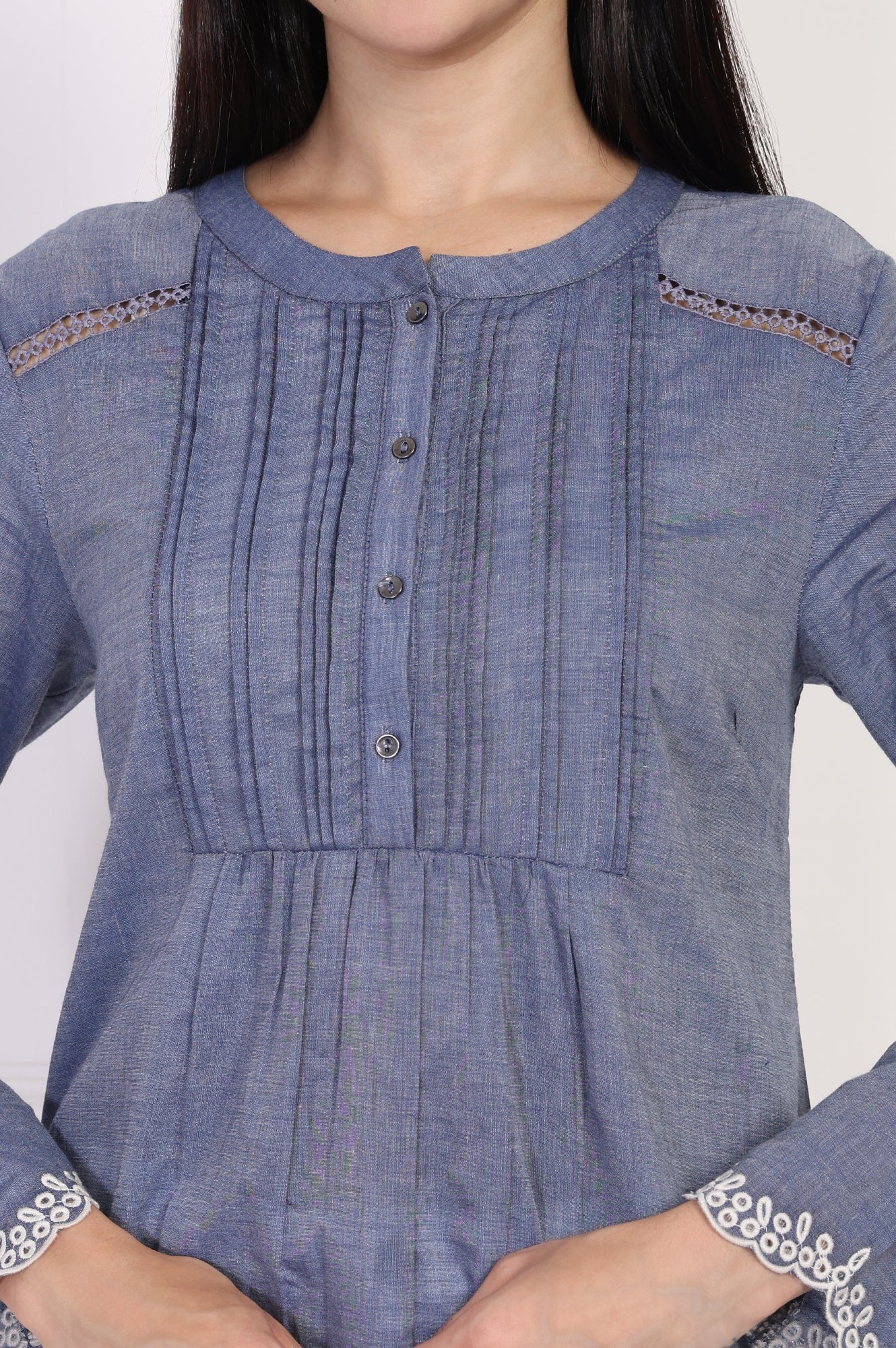 Blue Solid Embroidered Flared Cotton Top - Image 3