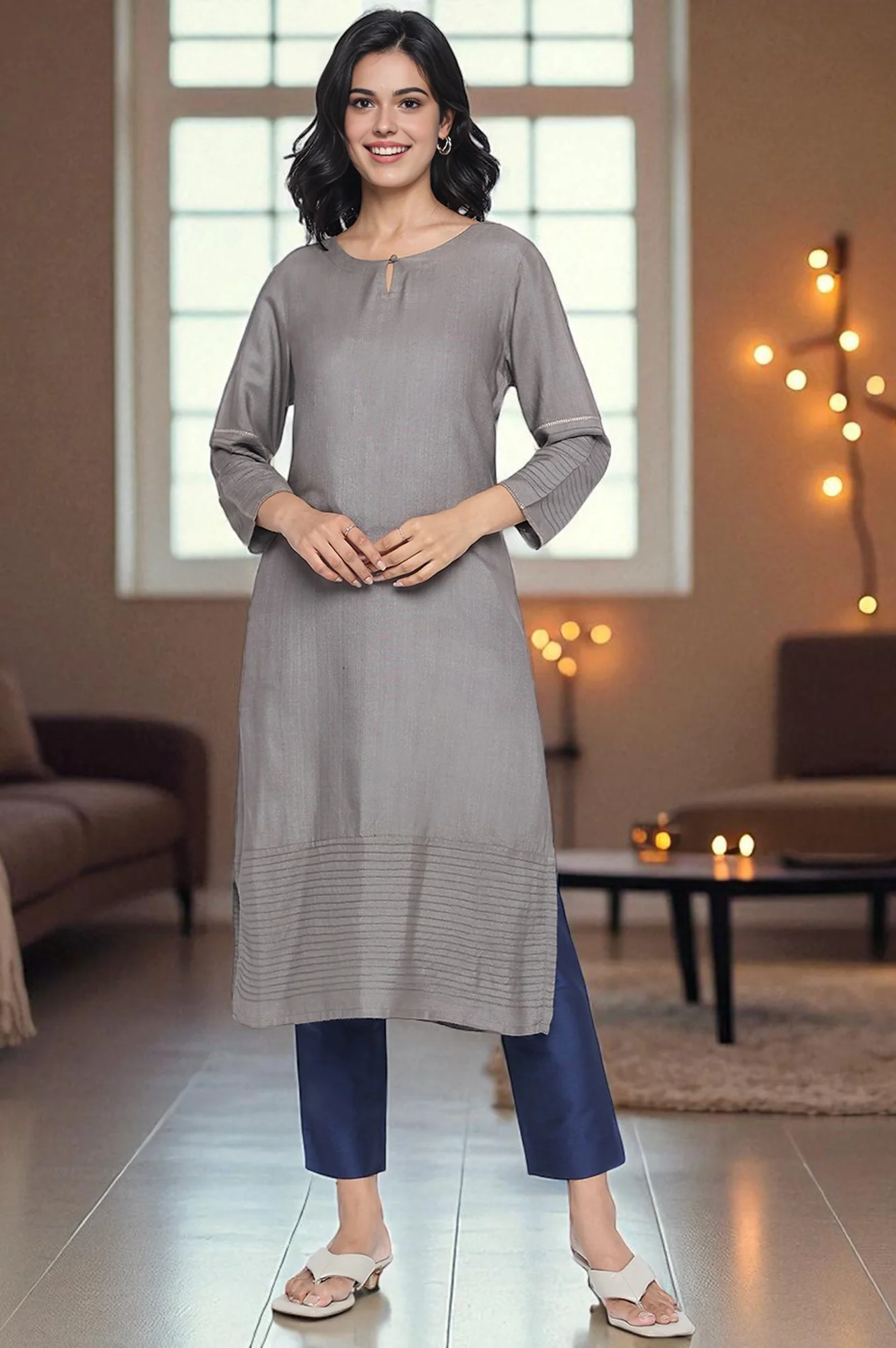 Elleven Women's Blue Solid Mid Rise Slub Trousers in Ankle Length - Image 6