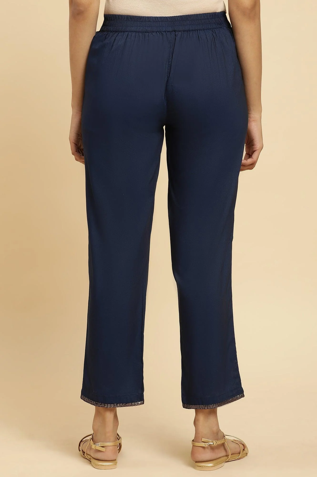 Blue Solid Pants With Metallic Sequin Hemline - Image 4