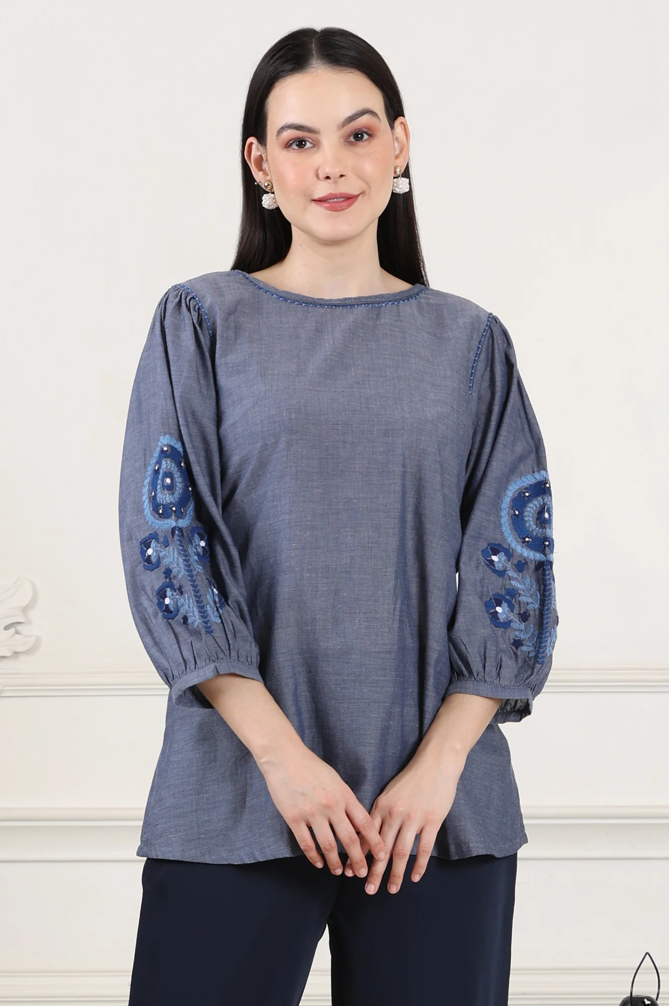 Blue Solid Pure Cotton Chambray Embroidered Top - Image 2