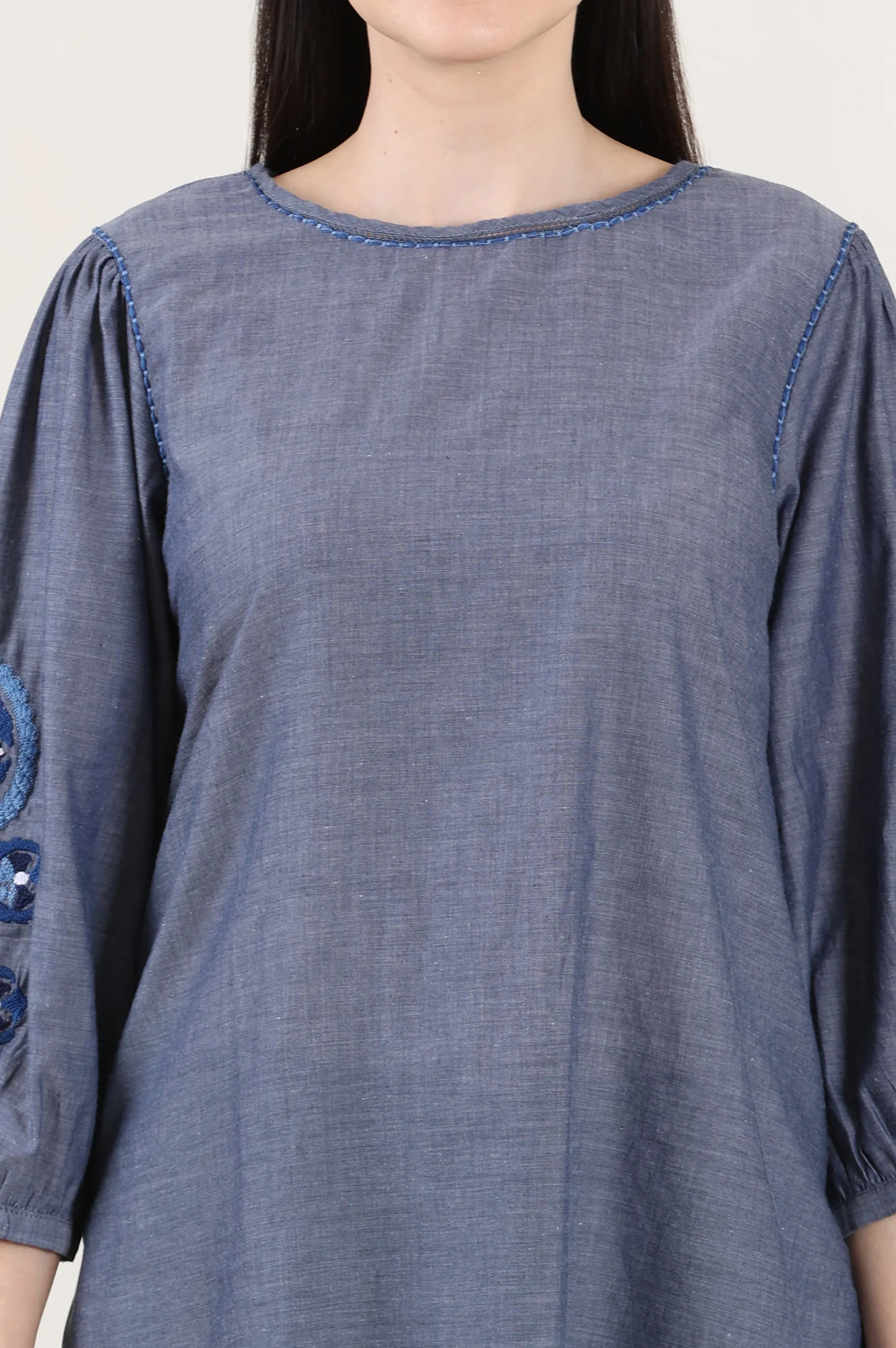 Blue Solid Pure Cotton Chambray Embroidered Top - Image 3