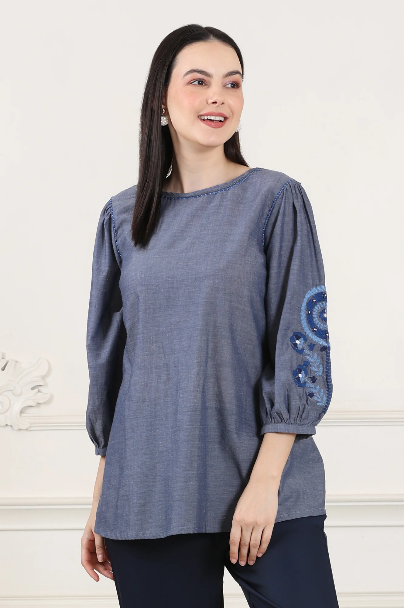 Blue Solid Pure Cotton Chambray Embroidered Top - Image 6