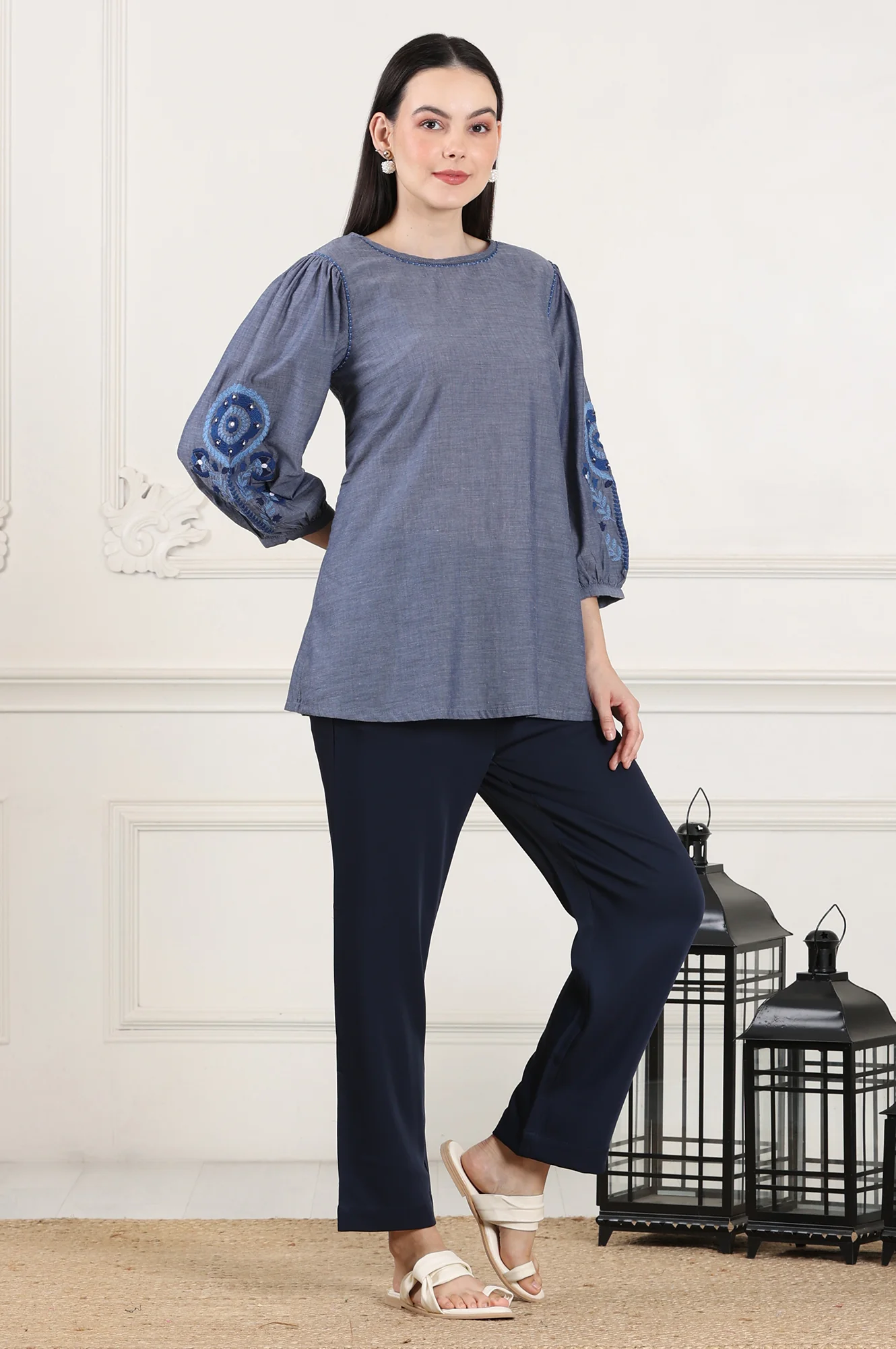 Blue Solid Pure Cotton Chambray Embroidered Top - Image 8
