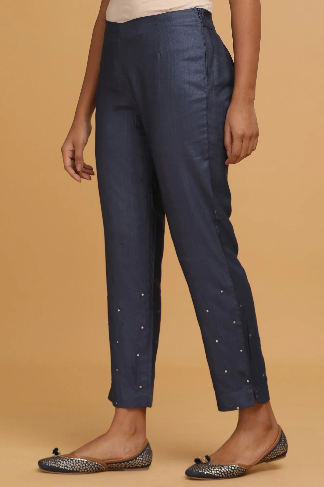 Blue Solid Slim Pants - Image 3