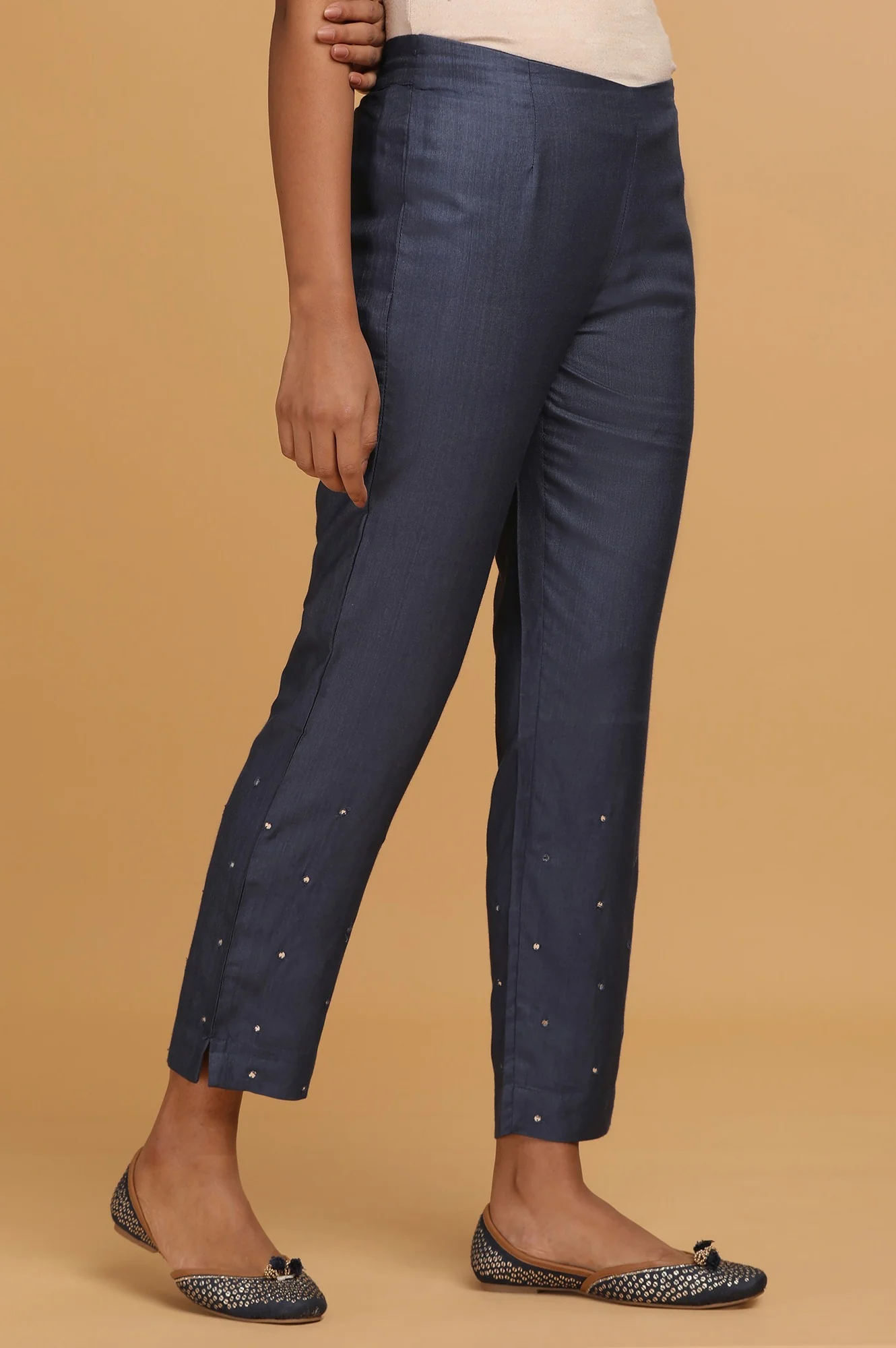 Blue Solid Slim Pants - Image 4