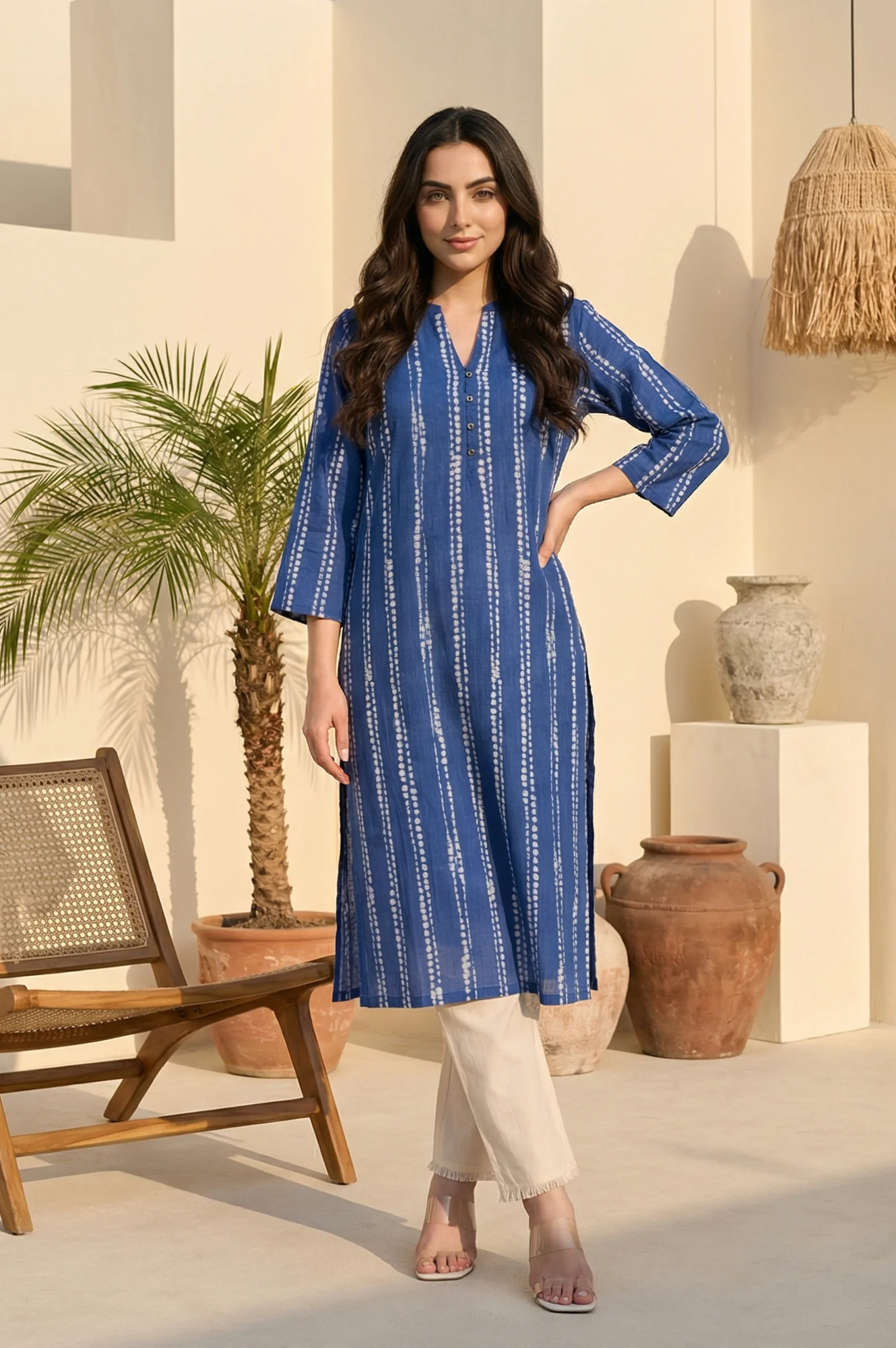 Blue Striped Buttons Pure Cotton Straight Kurta