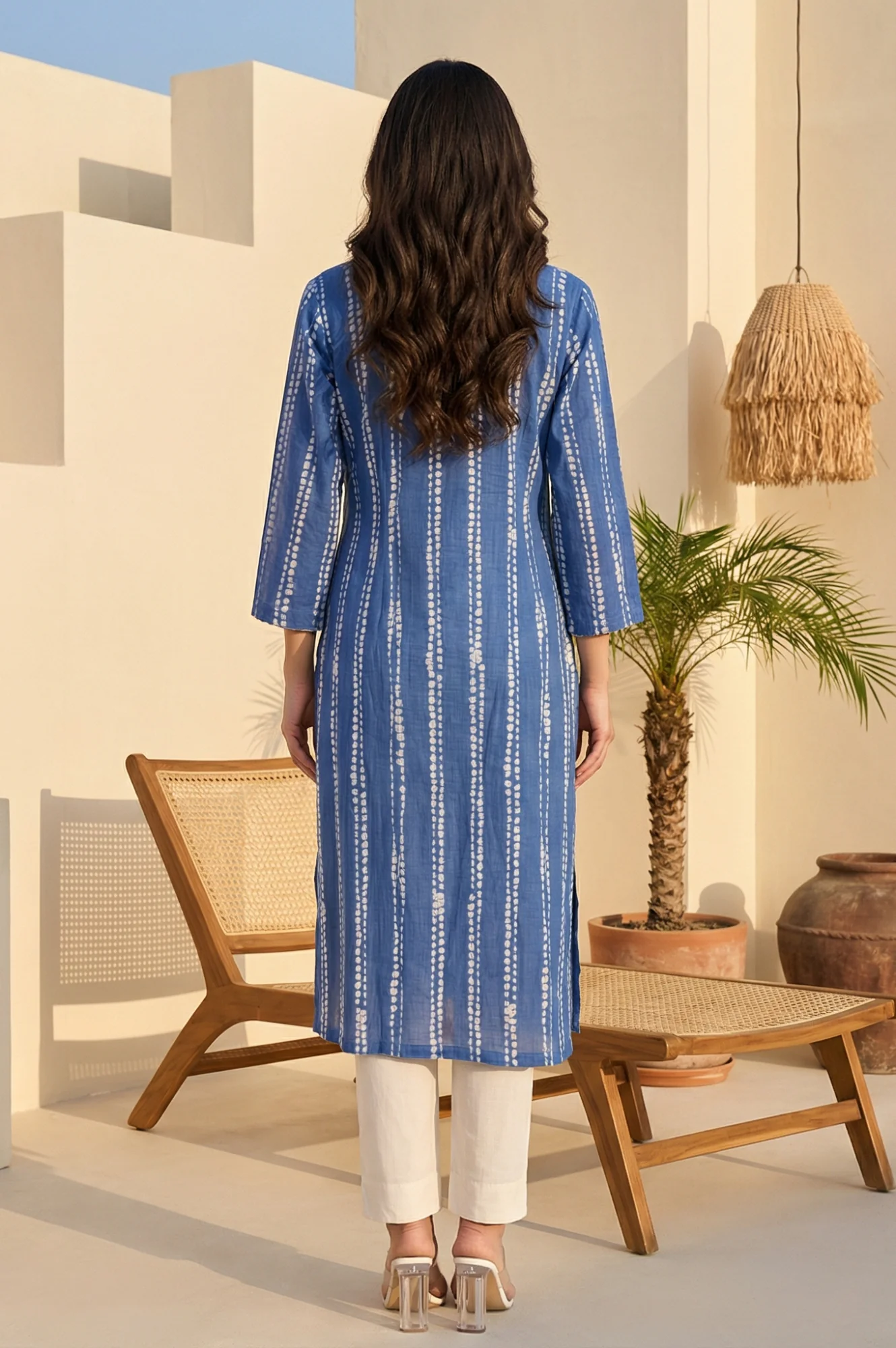 Blue Striped Buttons Pure Cotton Straight Kurta - Image 3