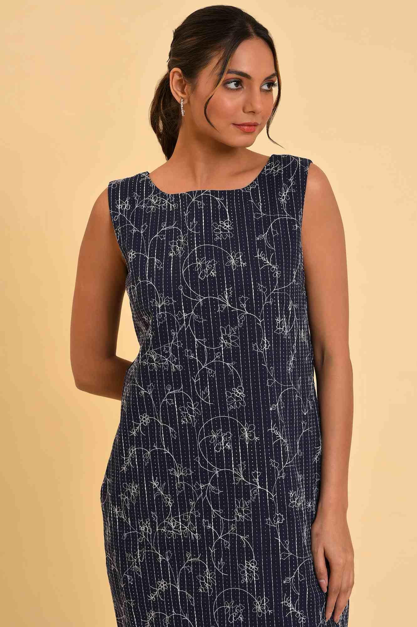 Blue Striped & Embroidered Sheath Dress - Image 5