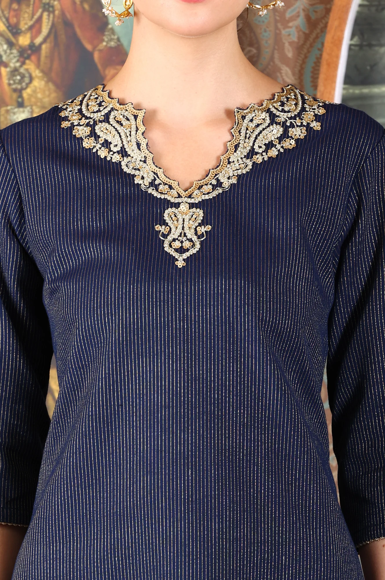 Blue Striped Yarn-Dyed Embroidered Straight Cotton Kurta - Image 3
