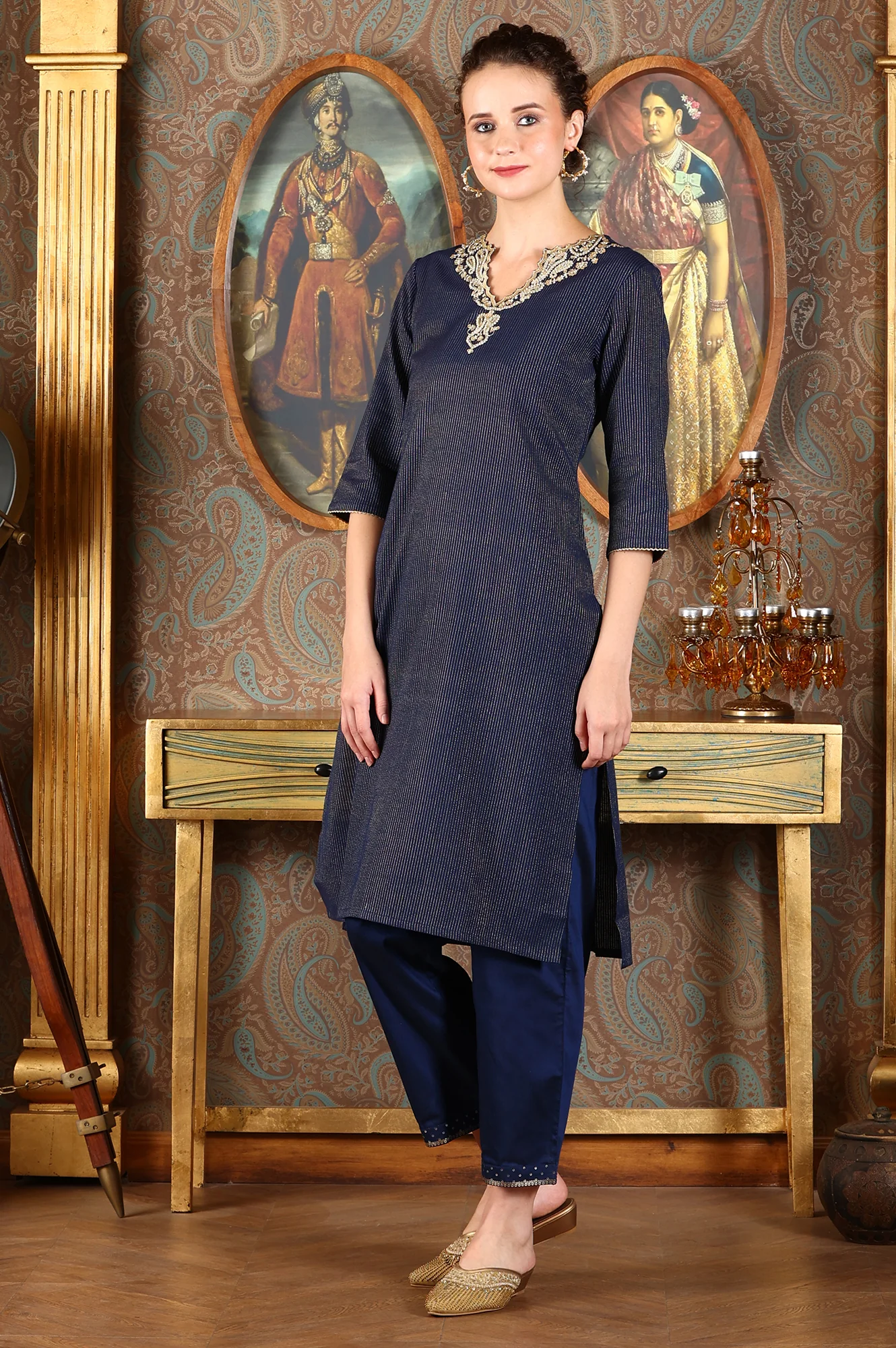 Blue Striped Yarn-Dyed Embroidered Straight Cotton Kurta - Image 4