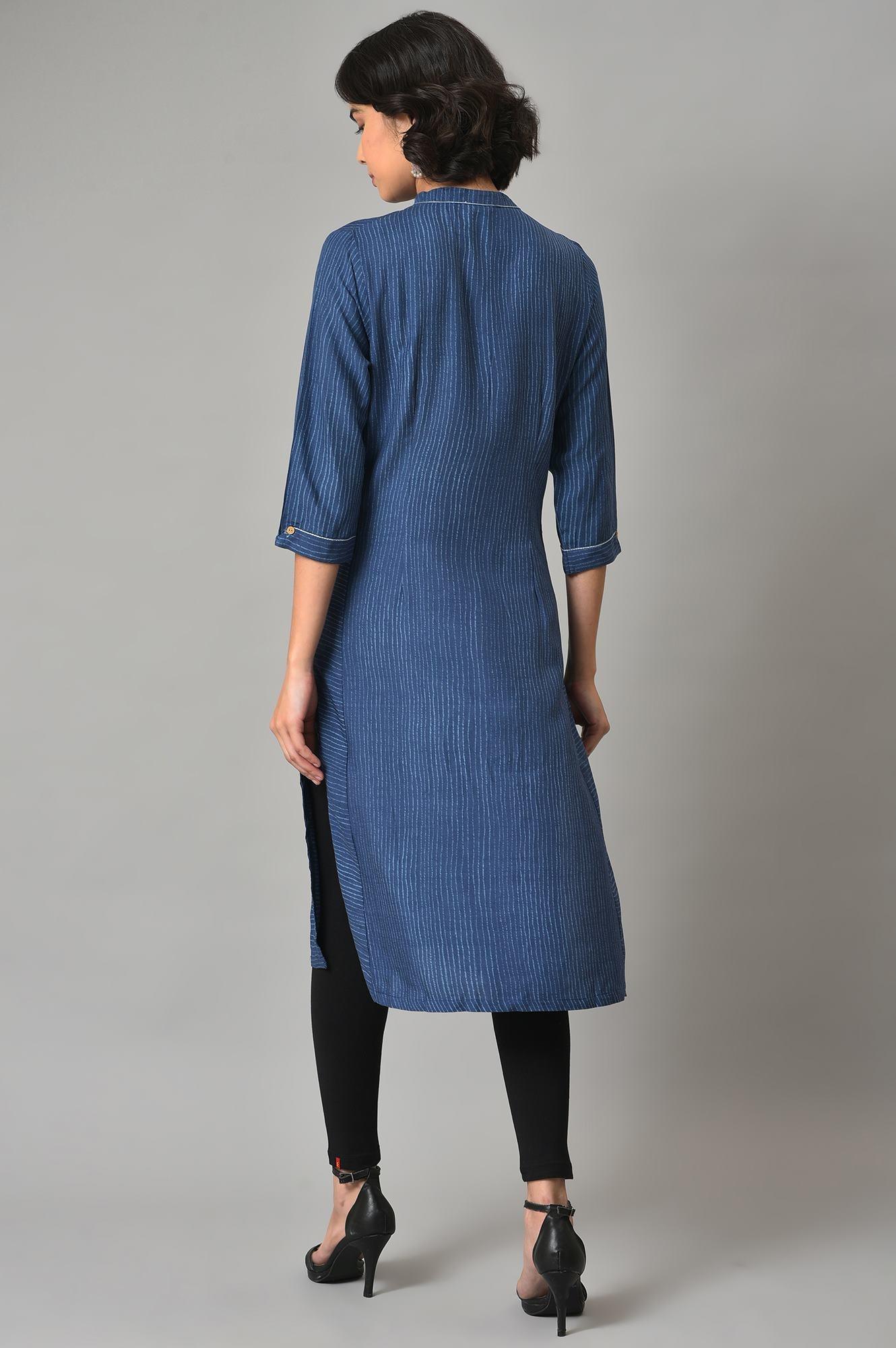 Blue Stripes Printed A-Line kurta With Black Tights - Image 2