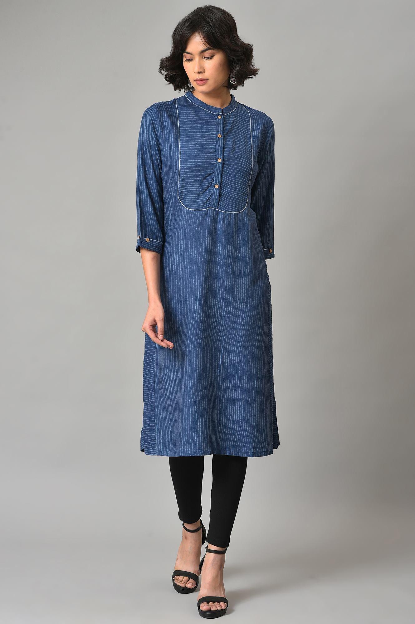 Blue Stripes Printed A-Line kurta With Black Tights - Image 8