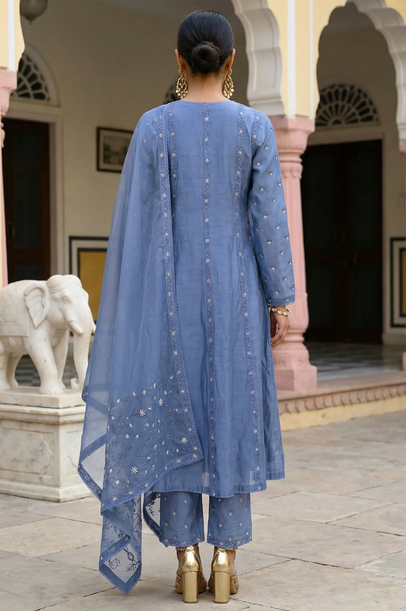 Blue Thread Embroidered Chanderi Straight Kurta with Straight Pants and Dupatta Set - Image 4