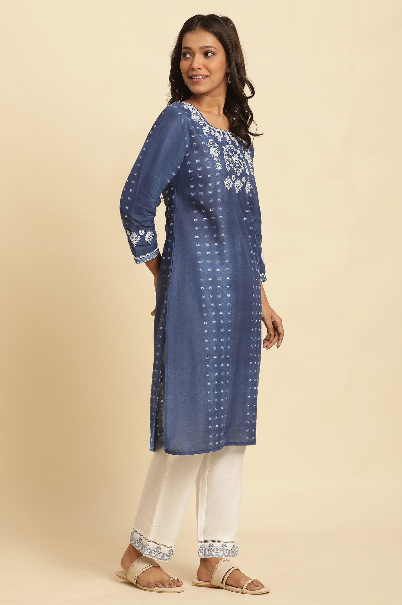 Blue Tie And Dye Printed Kurta With Embroidery - Image 3