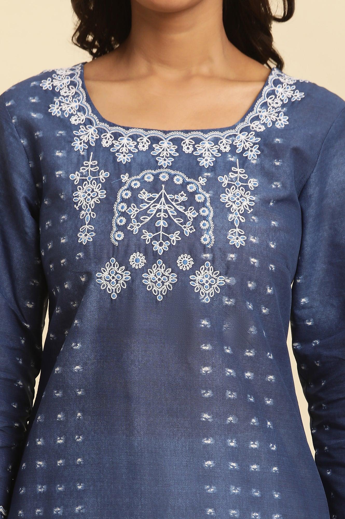 Blue Tie And Dye Printed Kurta With Embroidery - Image 6