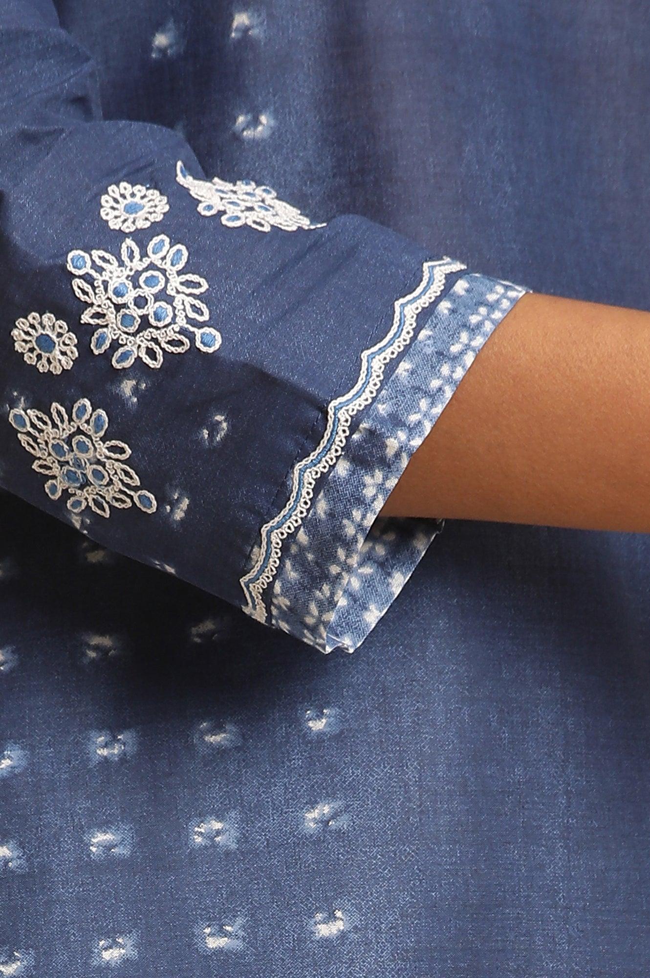 Blue Tie And Dye Printed Kurta With Embroidery - Image 7
