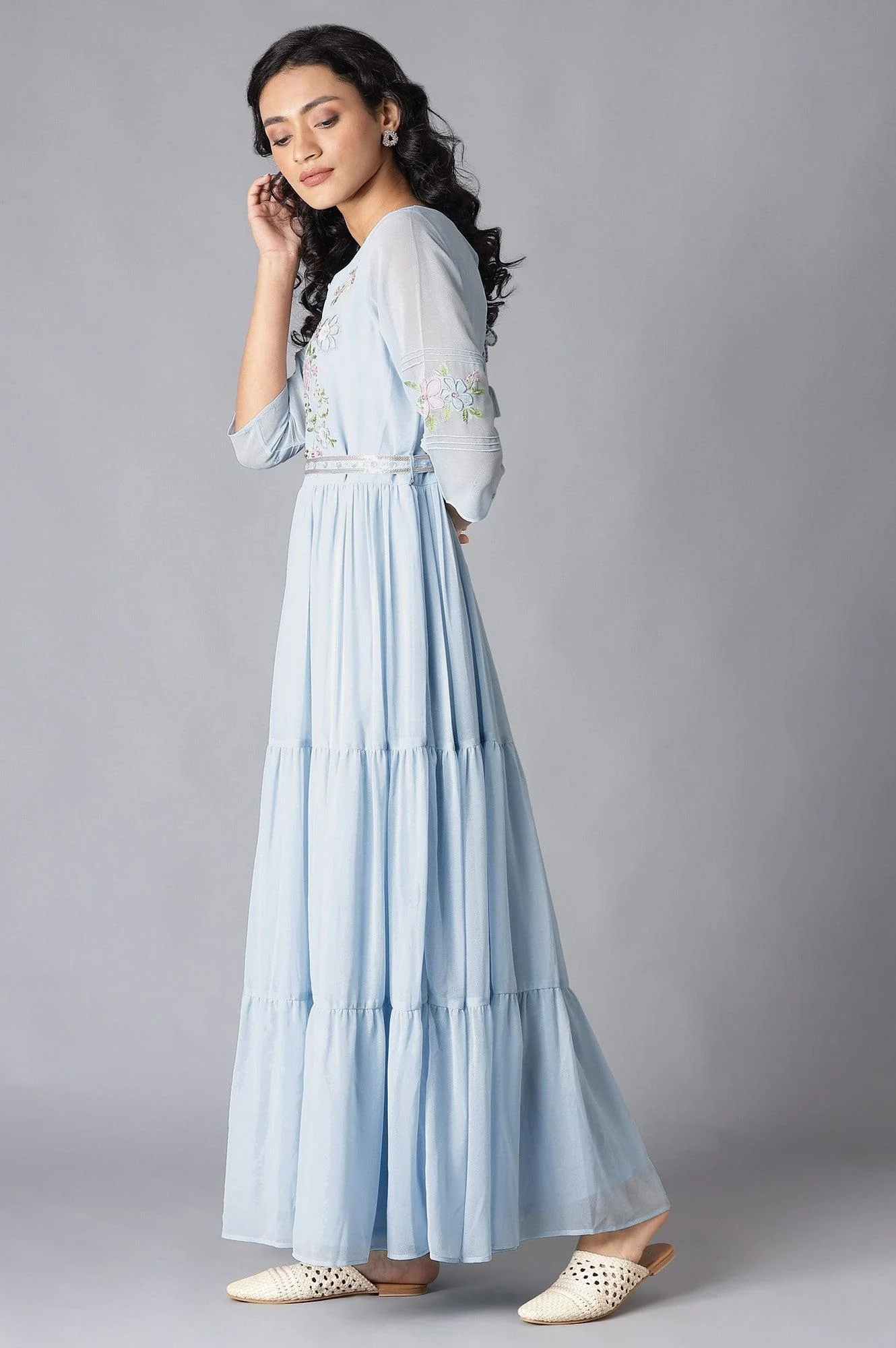 Blue Tiered Embroidered Dress With Belt - Image 3
