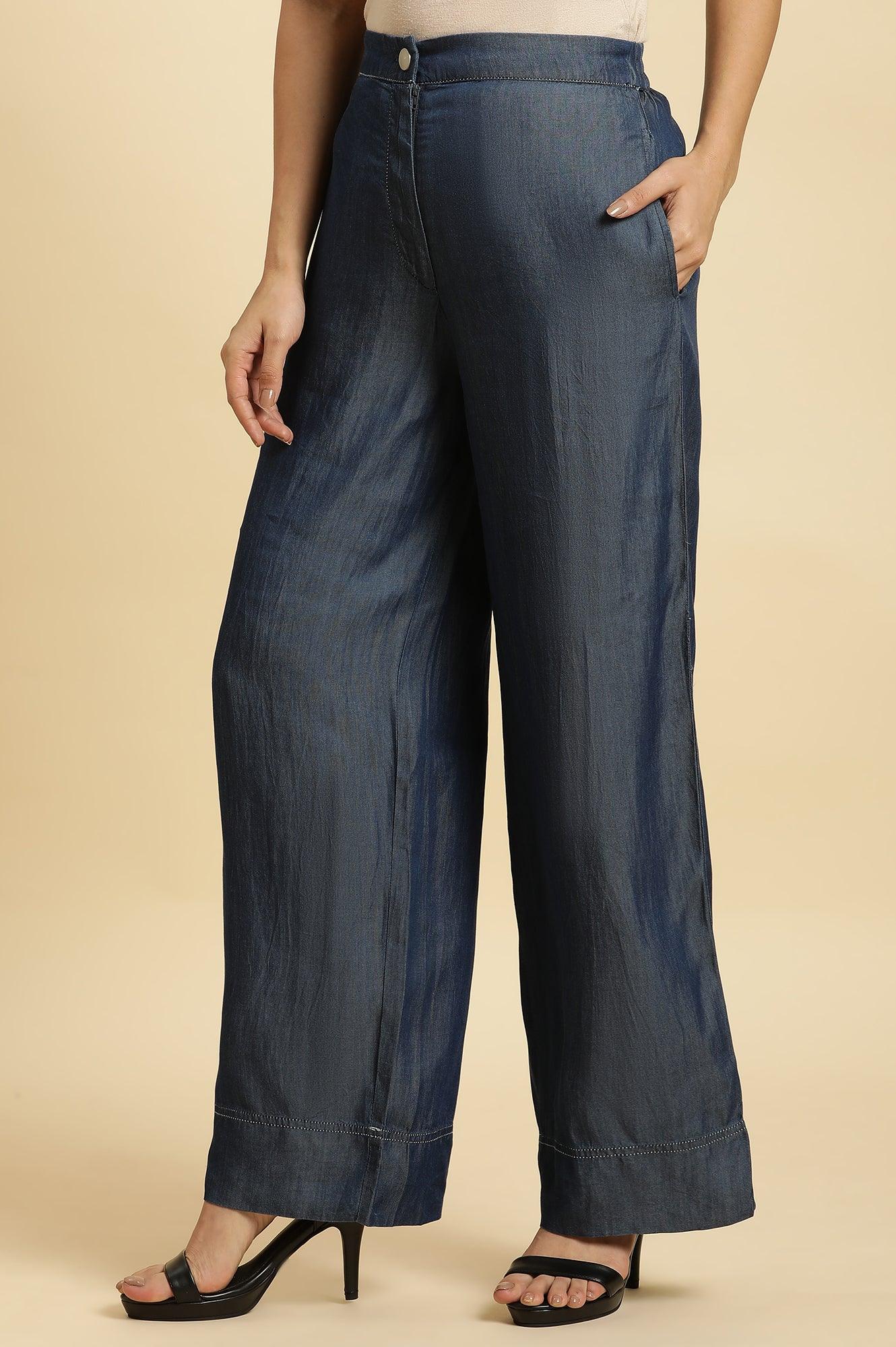 Blue Wide Leg Denim Flared Pants - Image 2
