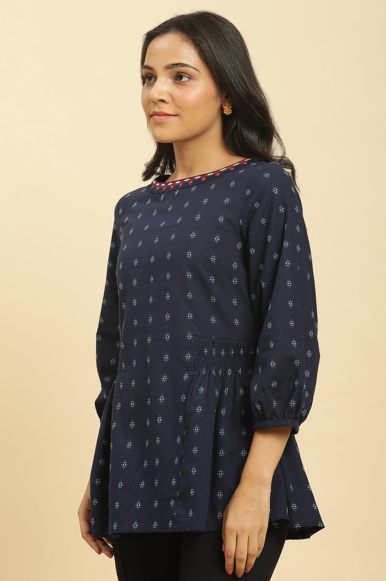 Blue Yarn Dyed Smocked Straight Top - Image 2