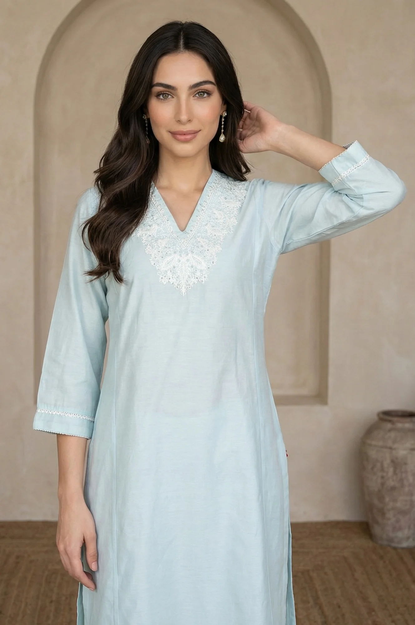 Blue Yarn Dyed Chikankari Embroidered Straight Kurta - Image 3