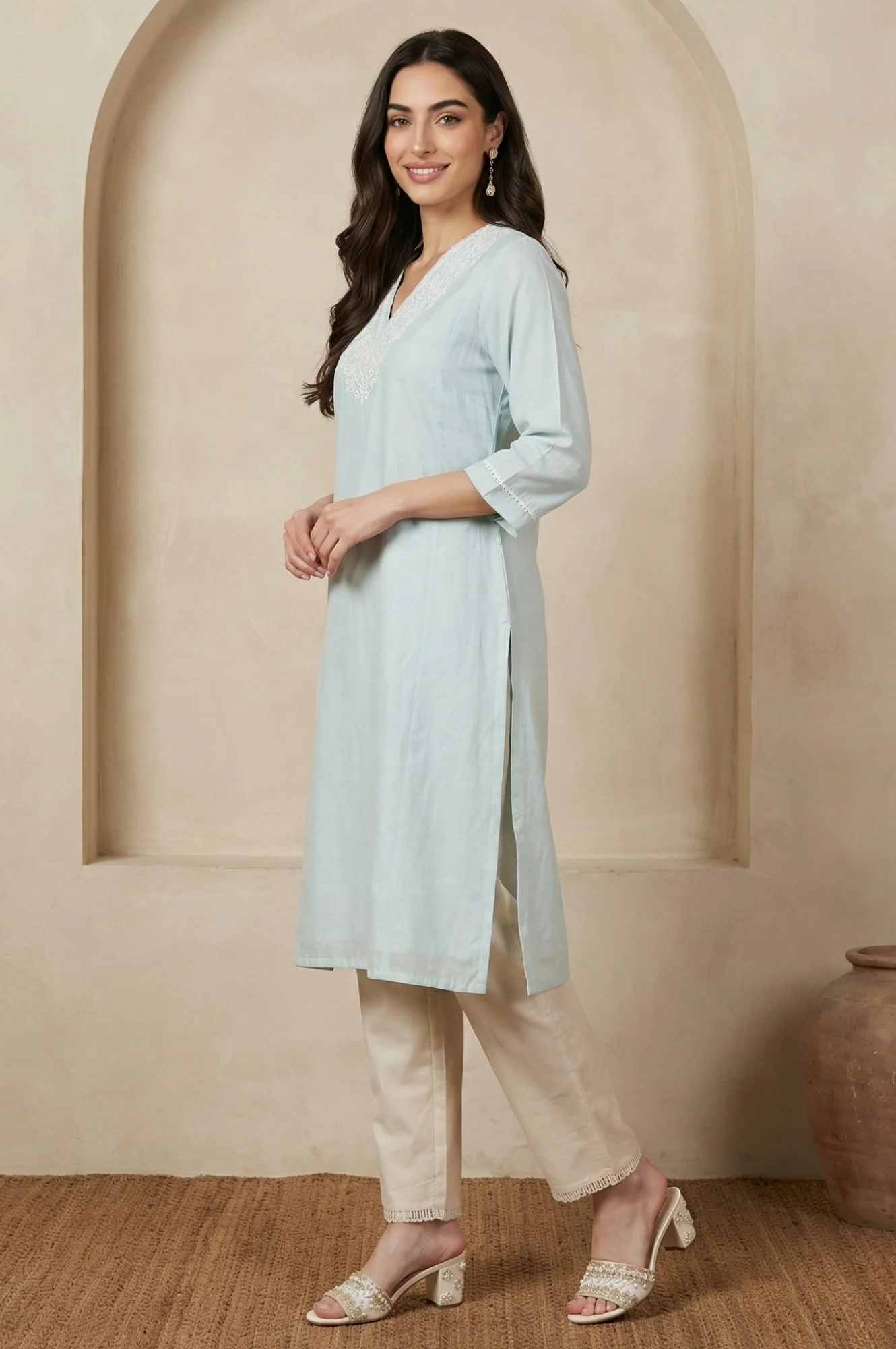 Blue Yarn Dyed Chikankari Embroidered Straight Kurta - Image 4