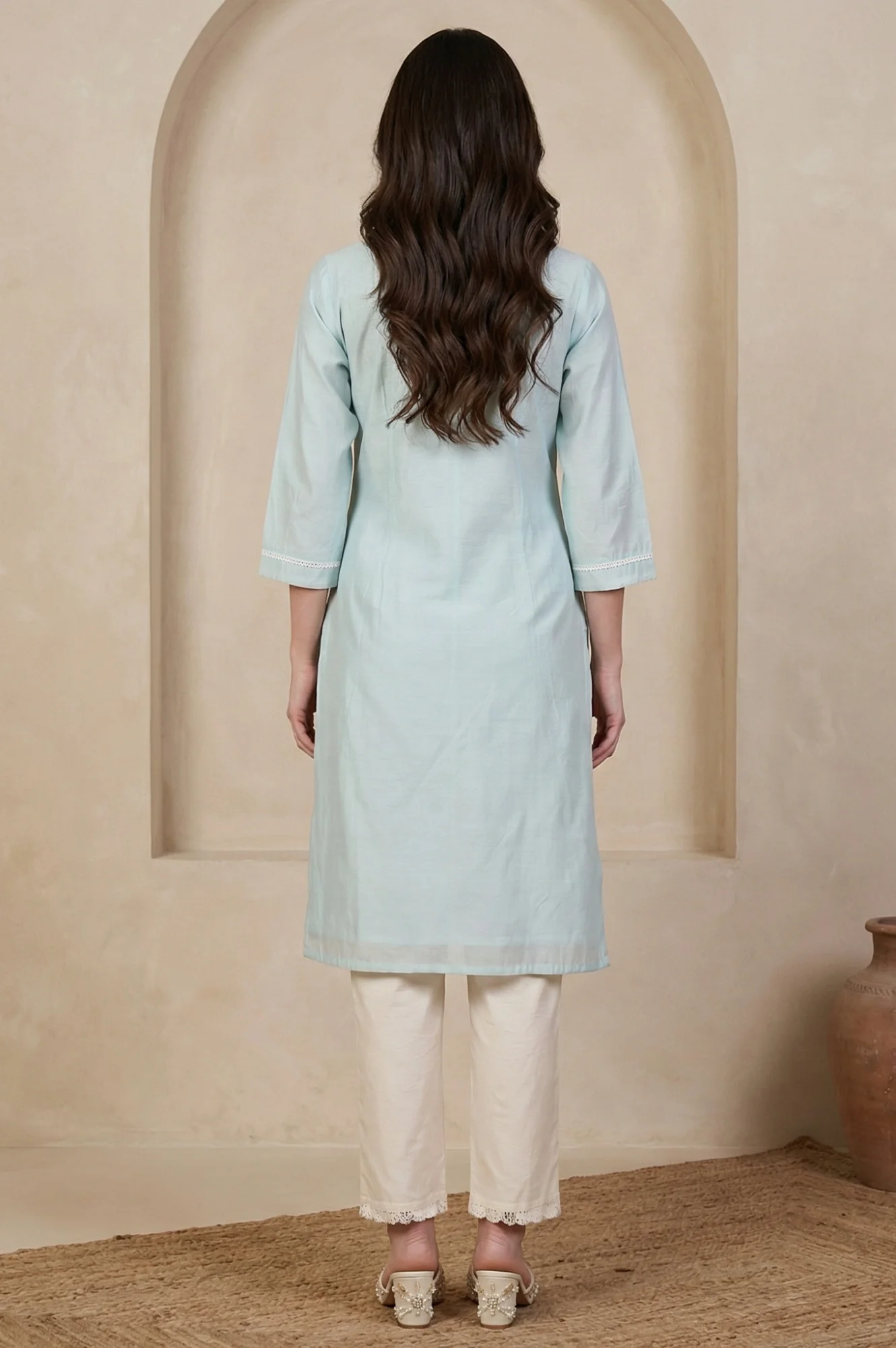 Blue Yarn Dyed Chikankari Embroidered Straight Kurta - Image 5