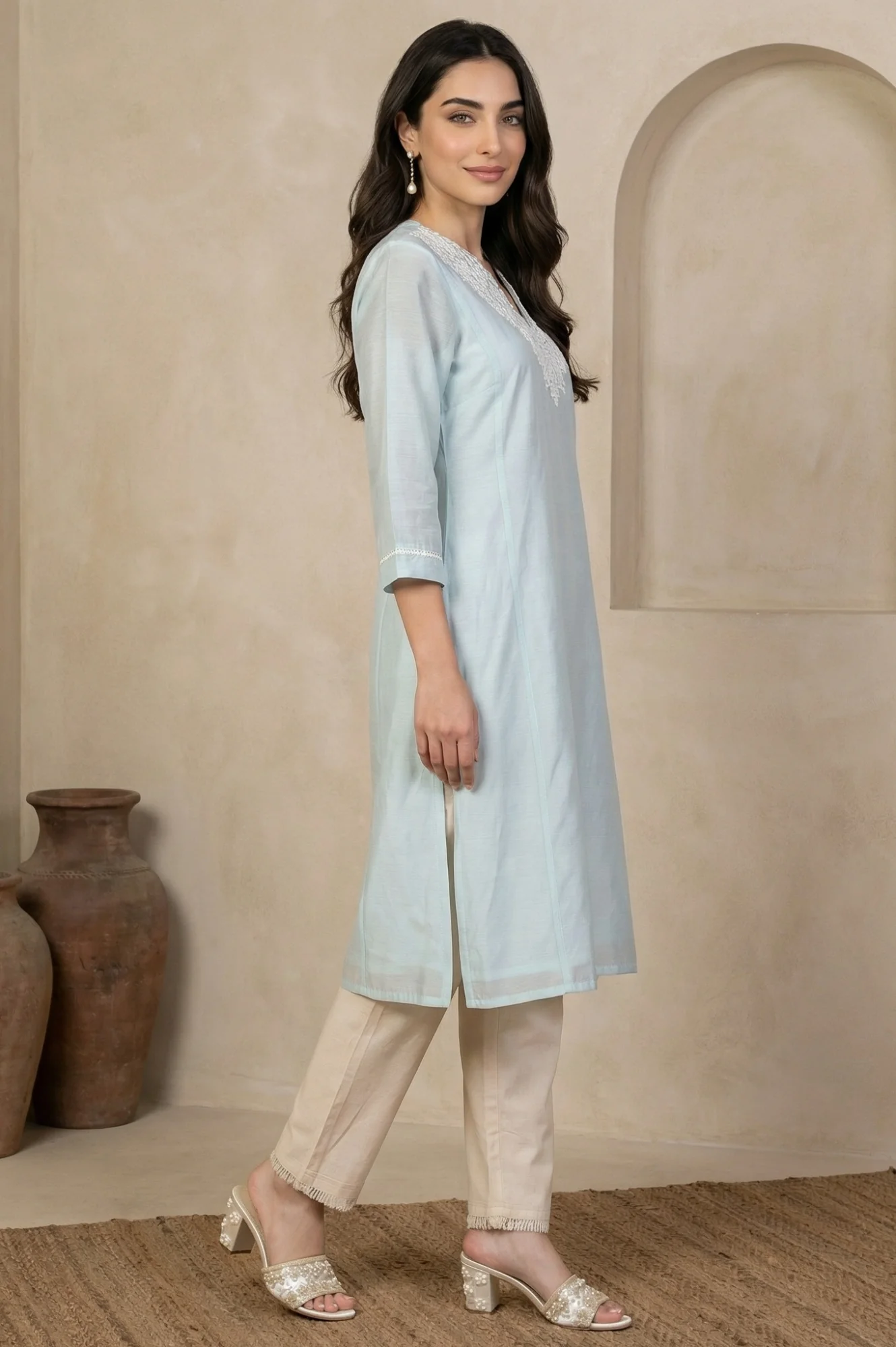 Blue Yarn Dyed Chikankari Embroidered Straight Kurta - Image 6