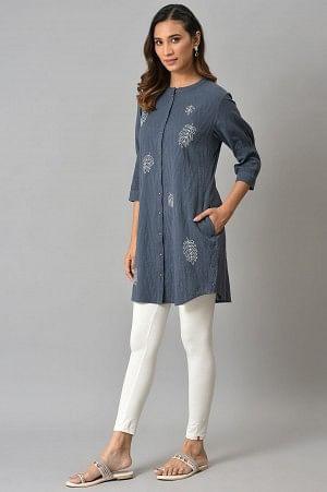 Blue Yarn Dyed Embroidered Tunic In Mandarin Collar - Image 3