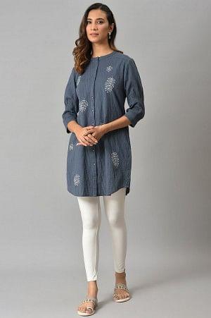 Blue Yarn Dyed Embroidered Tunic In Mandarin Collar - Image 5