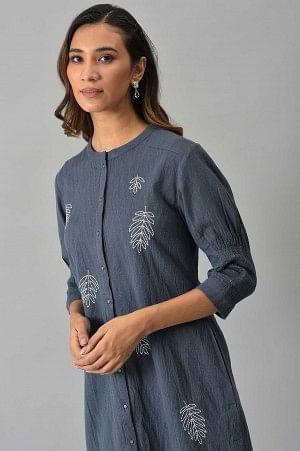 Blue Yarn Dyed Embroidered Tunic In Mandarin Collar - Image 6