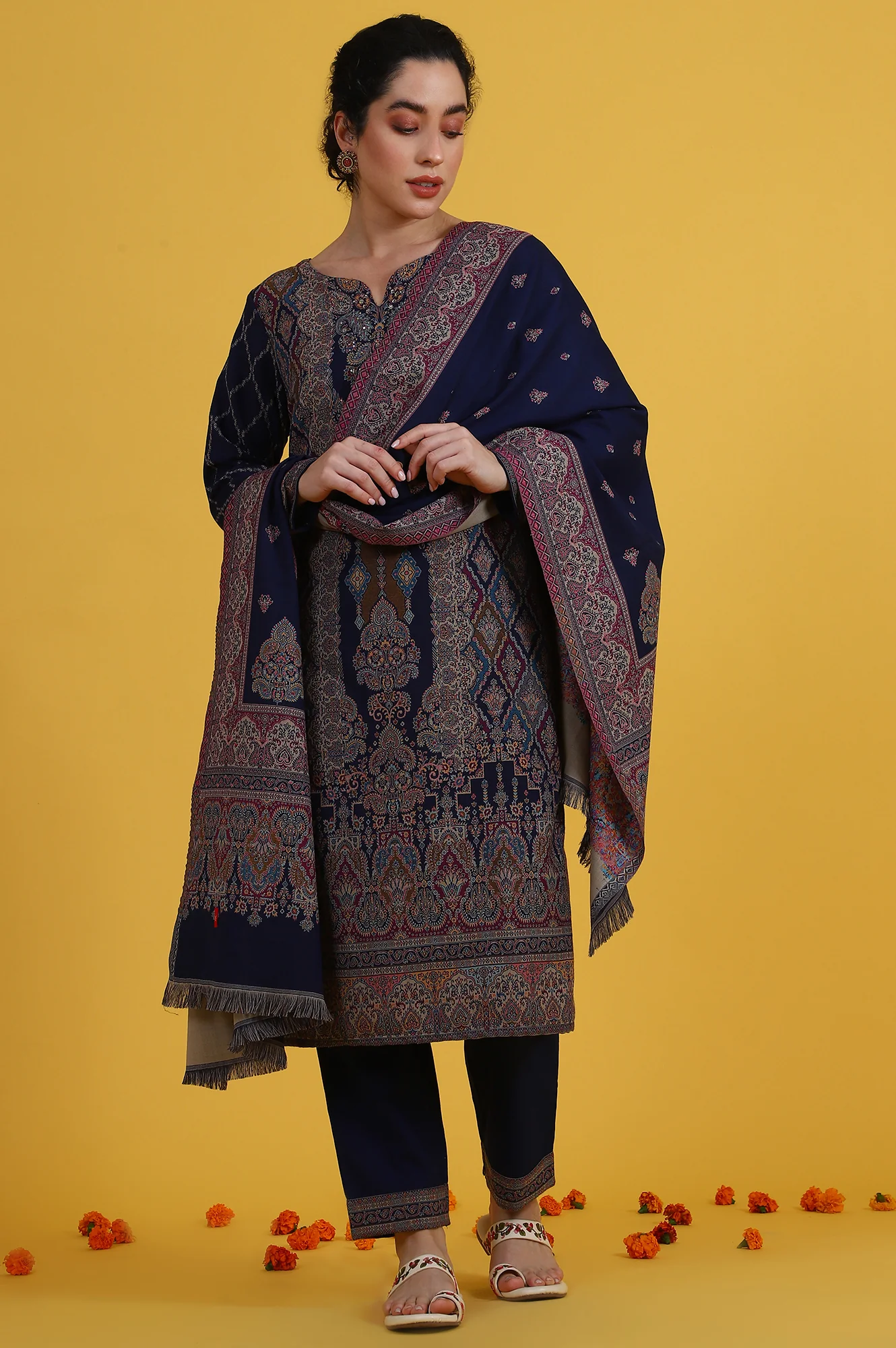 Blue Yarn Dyed Sequins Straight Kurta & Straight pant with Dupatta Set - Image 2