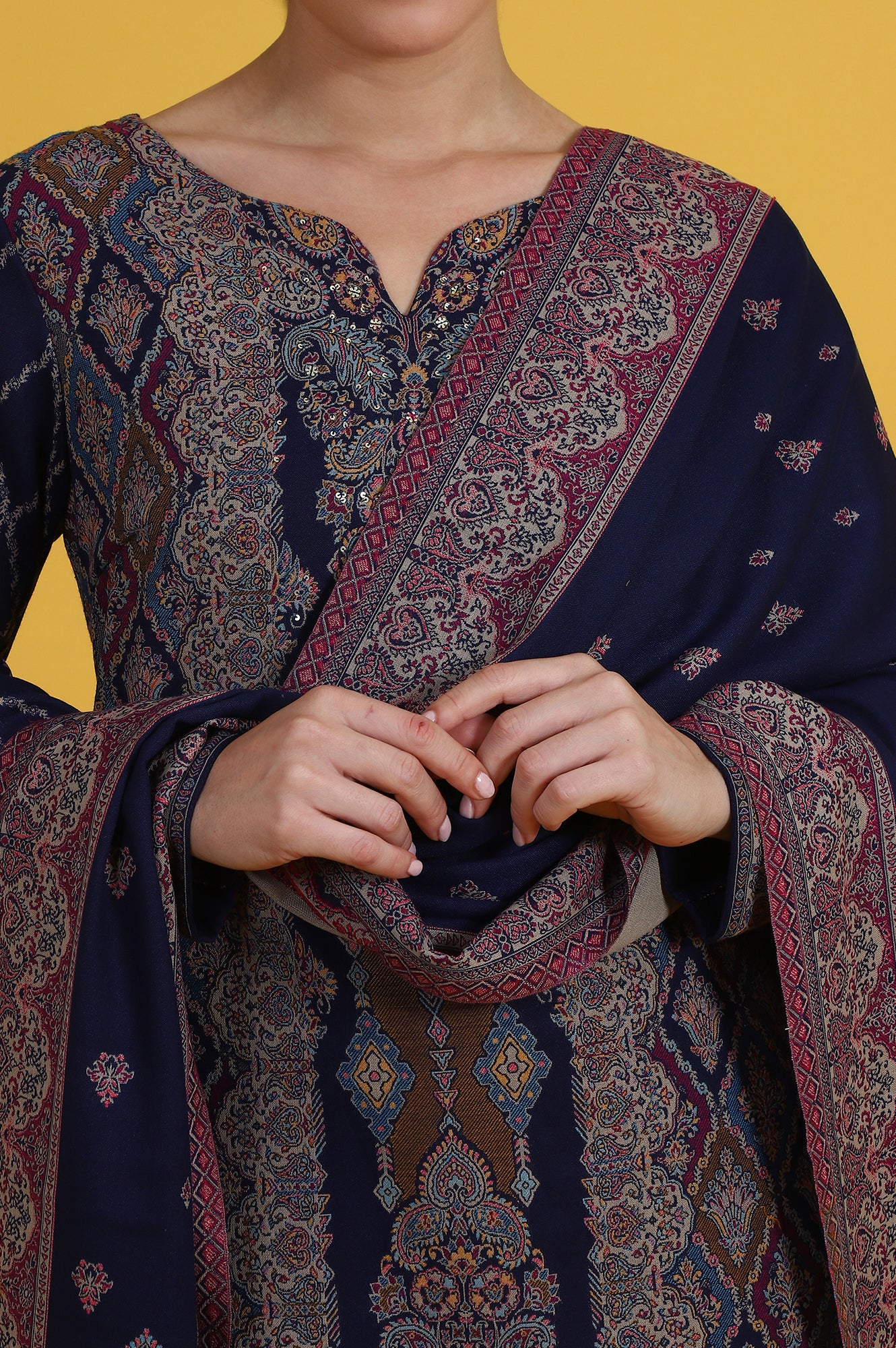 Blue Yarn Dyed Sequins Straight Kurta & Straight pant with Dupatta Set - Image 3