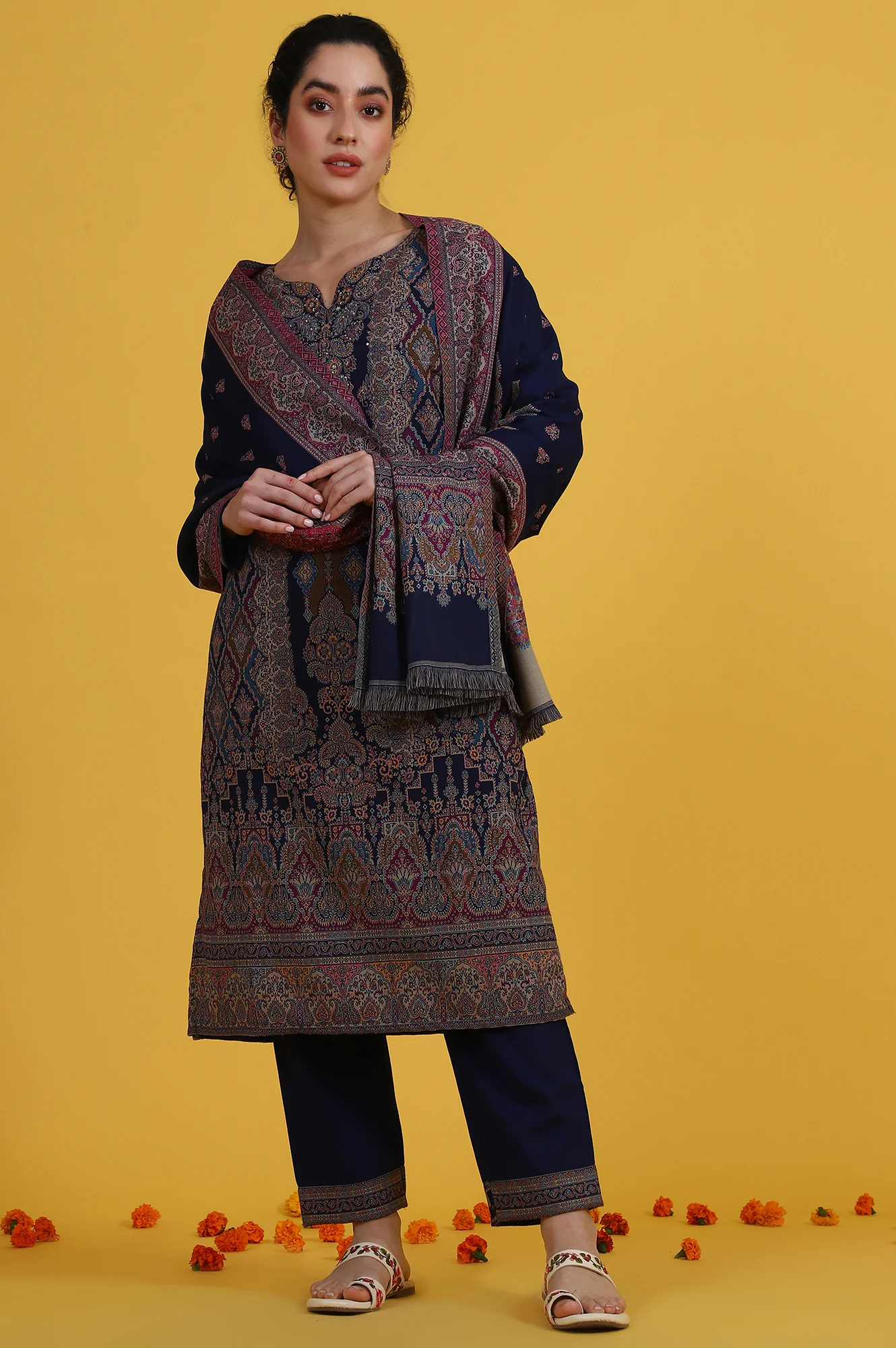 Blue Yarn Dyed Sequins Straight Kurta & Straight pant with Dupatta Set - Image 9