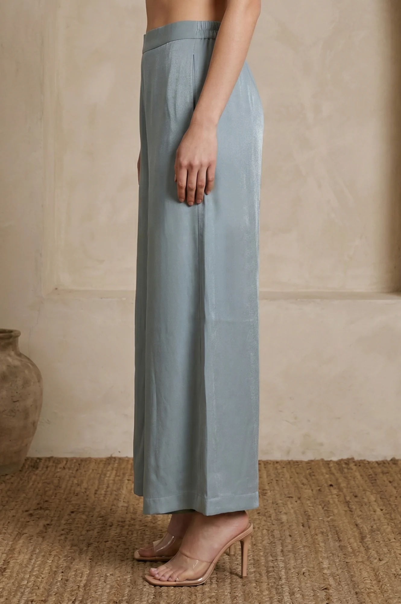 Elleven Women's Blue Yarn Dyed Solid Rayon Wide Leg Floor Length High Rise Palazzo - Image 2