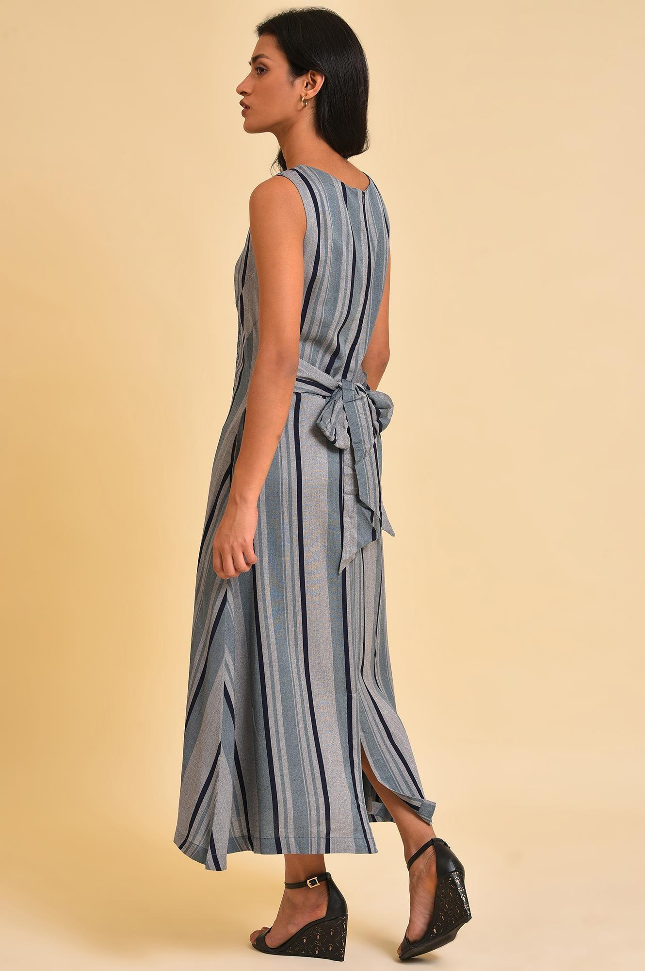 Blue Yarn Dyed Stripe Printed Embroidered Dress - Image 2