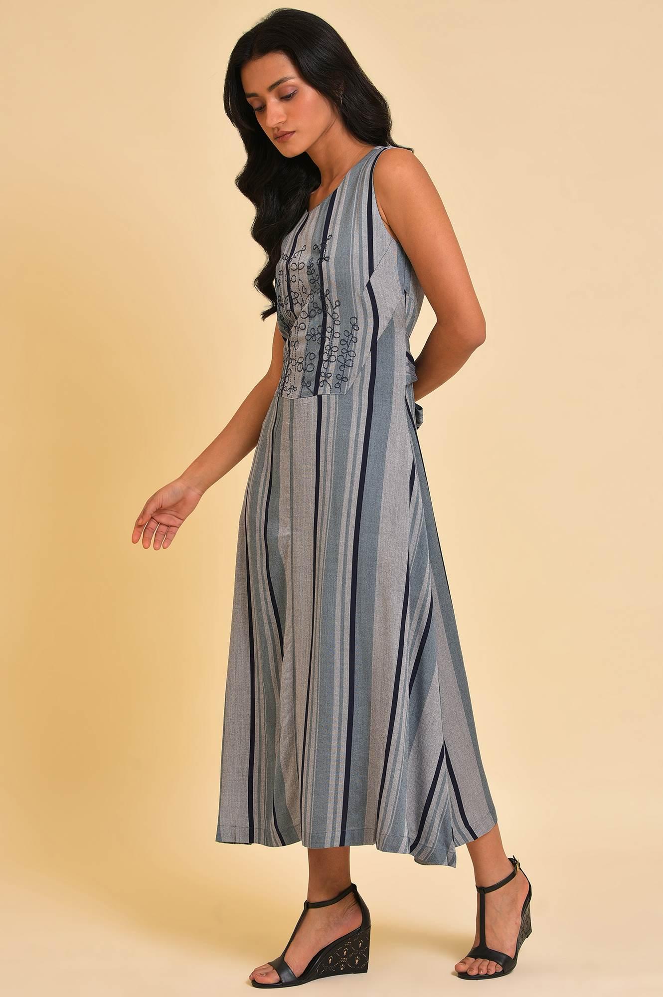 Blue Yarn Dyed Stripe Printed Embroidered Dress - Image 3