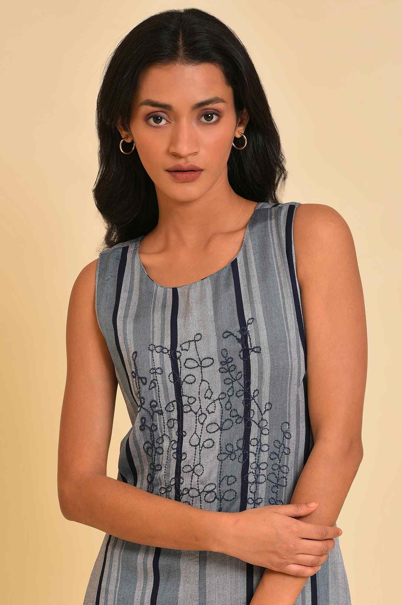 Blue Yarn Dyed Stripe Printed Embroidered Dress - Image 5
