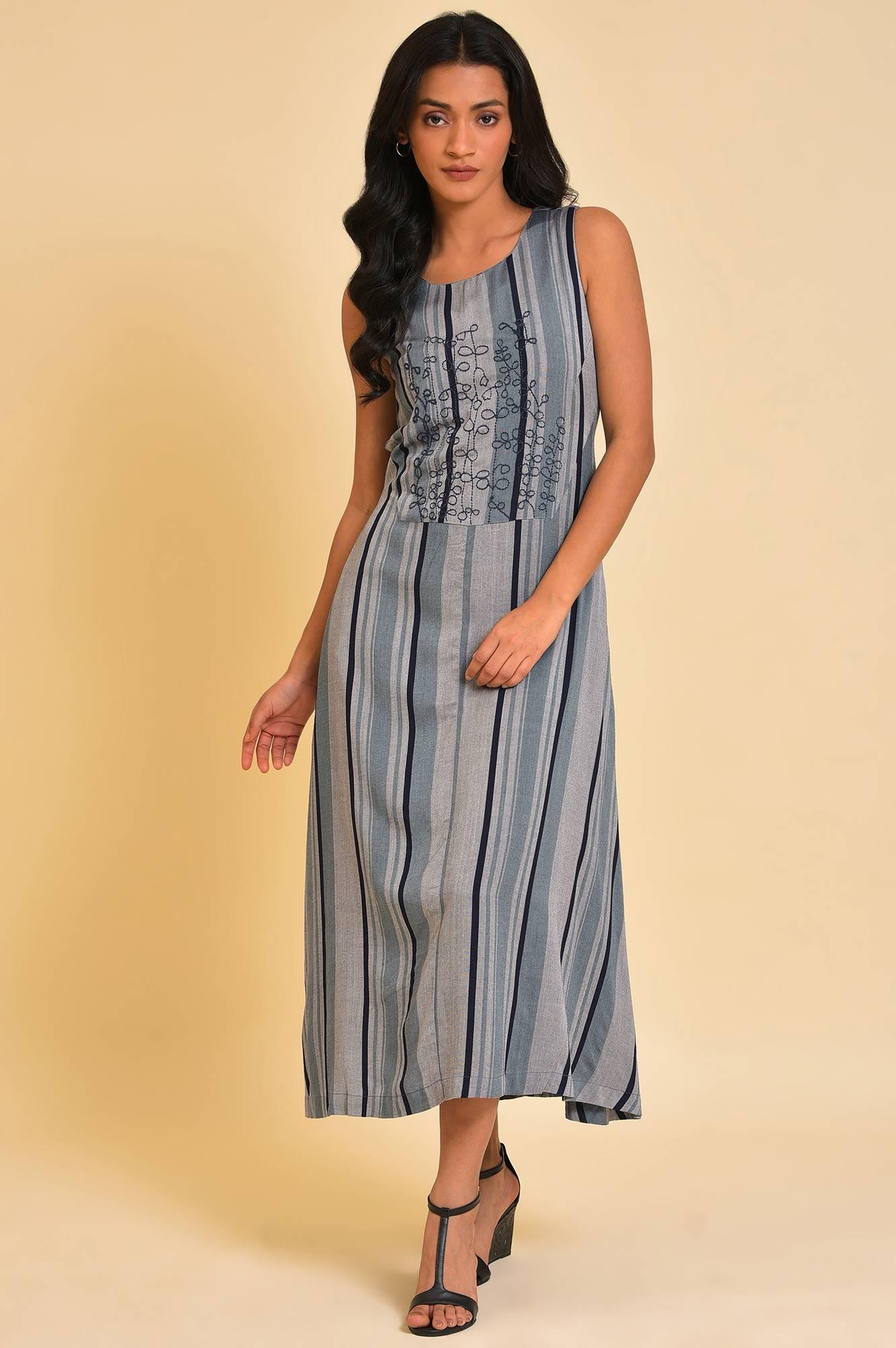 Blue Yarn Dyed Stripe Printed Embroidered Dress - Image 6