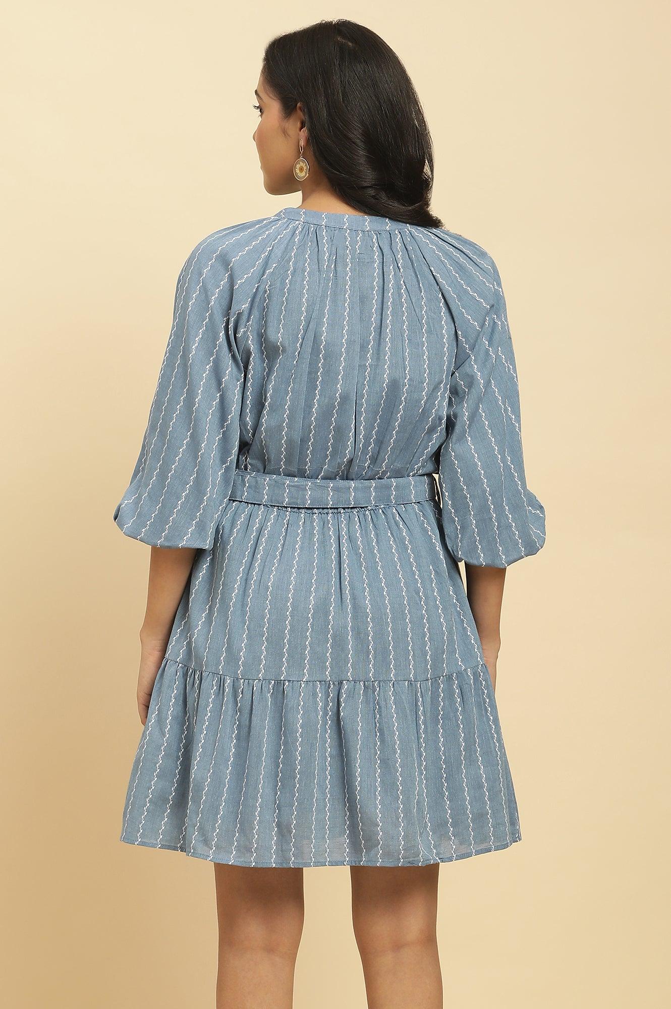 Blue Yarn Dyed Tiered Western Dress With Belt - Image 3