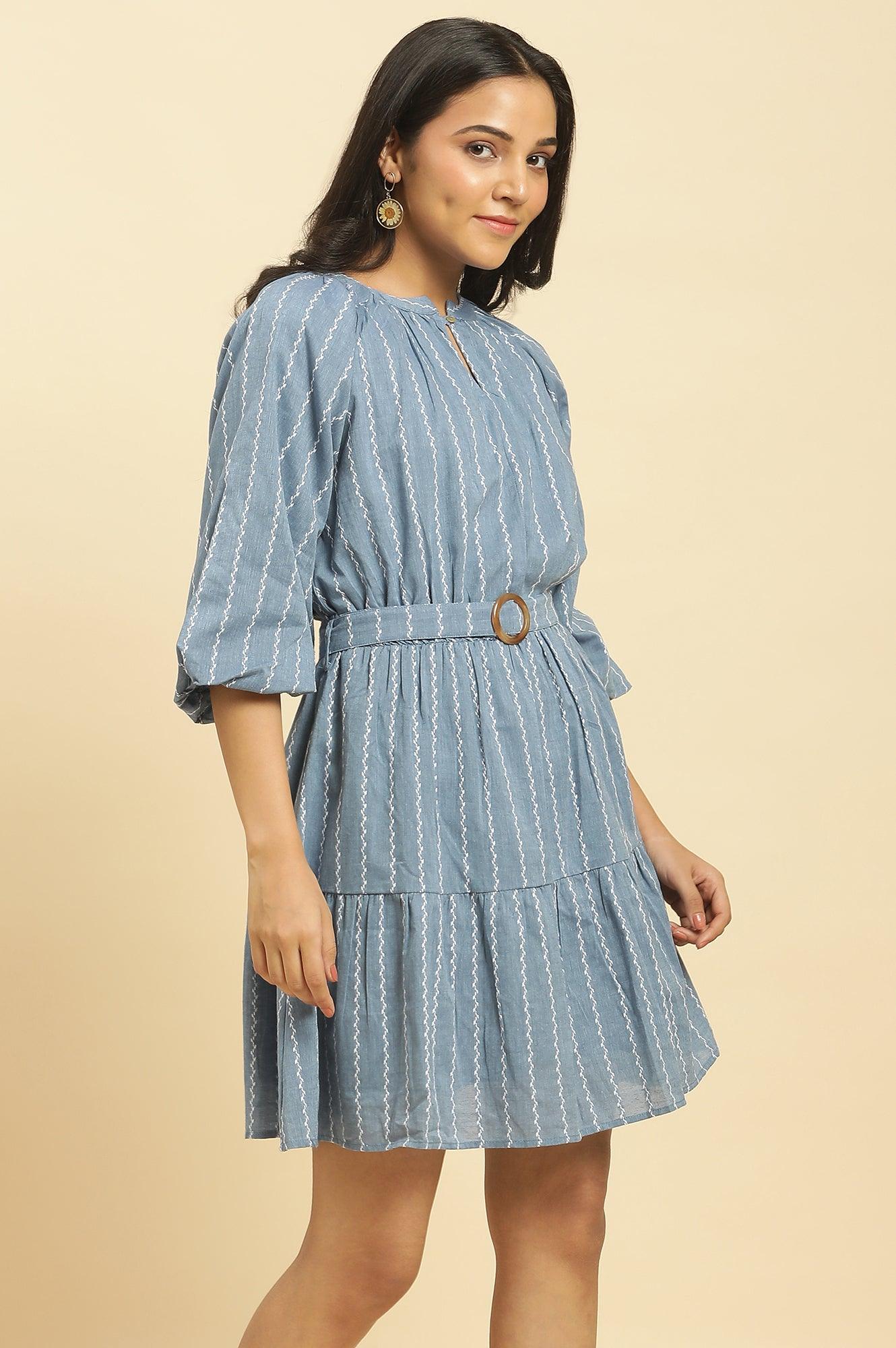 Blue Yarn Dyed Tiered Western Dress With Belt - Image 4