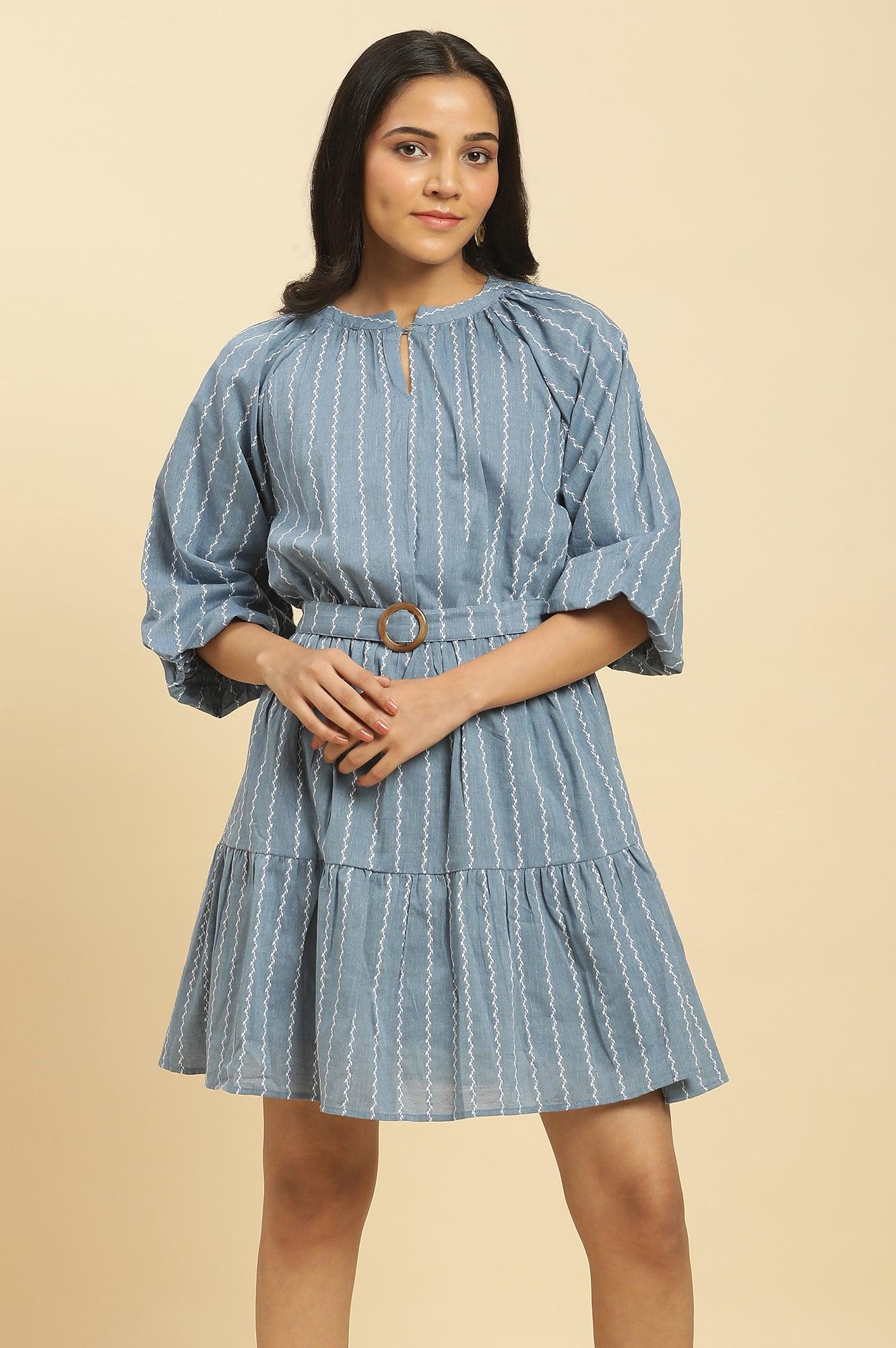 Blue Yarn Dyed Tiered Western Dress With Belt - Image 5