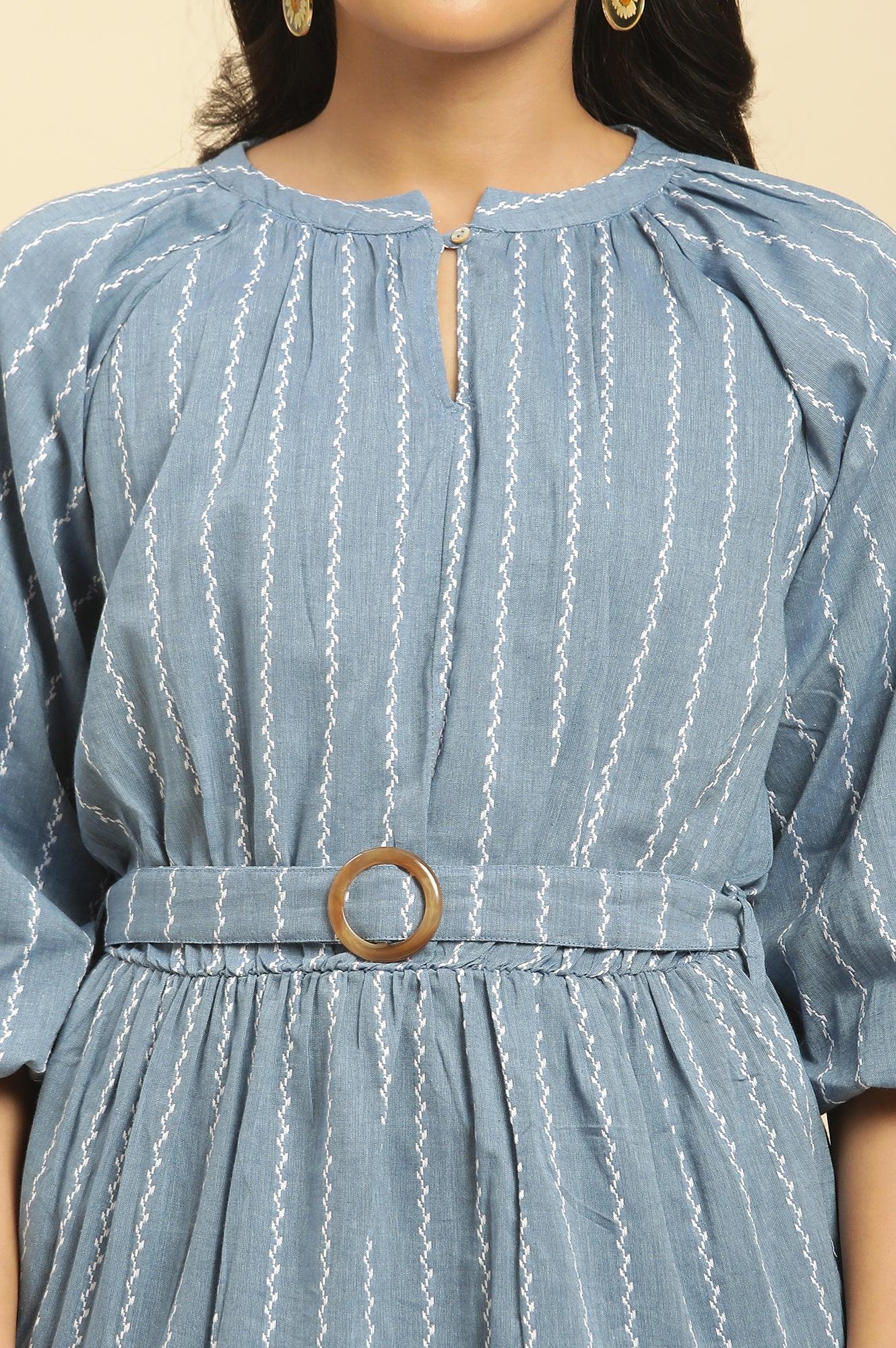 Blue Yarn Dyed Tiered Western Dress With Belt - Image 7