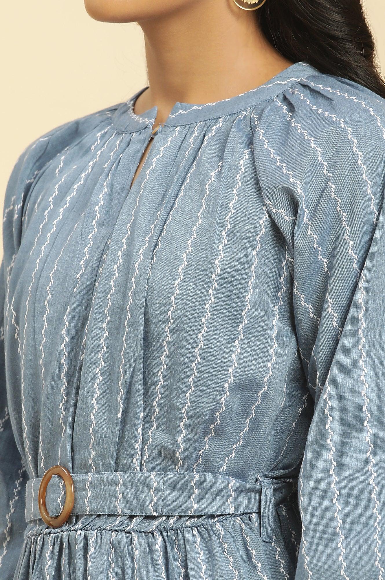 Blue Yarn Dyed Tiered Western Dress With Belt - Image 8