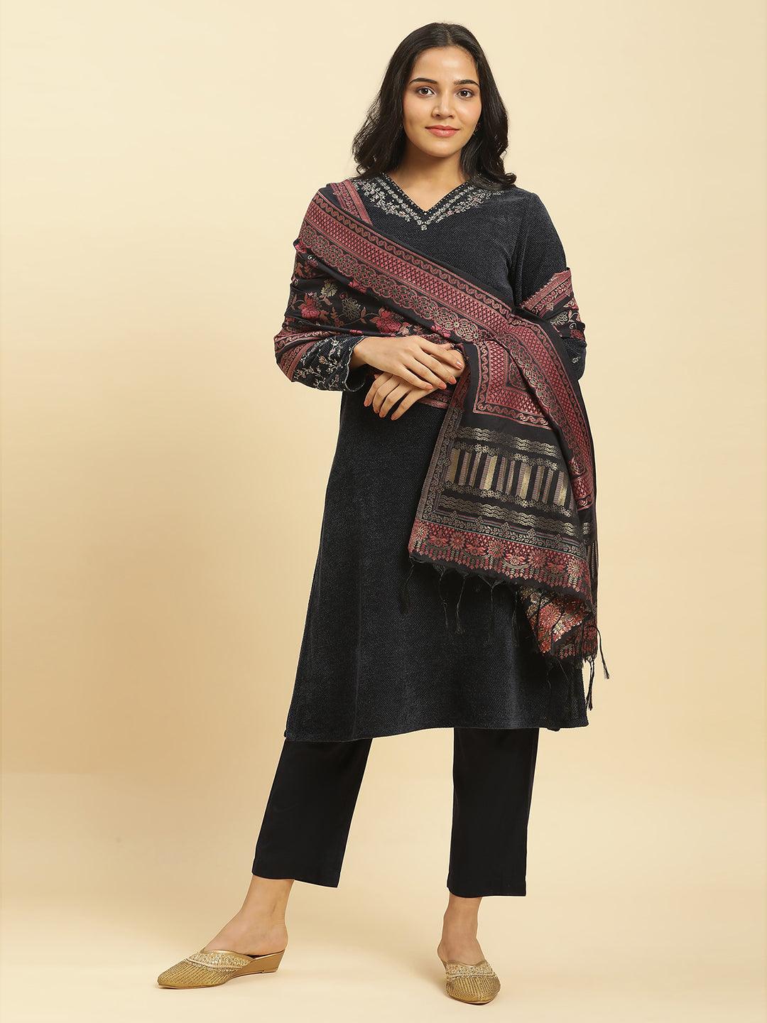 Blue Zari Embroidered Kurta, Pants And Jacquard Dupatta Set - Image 2