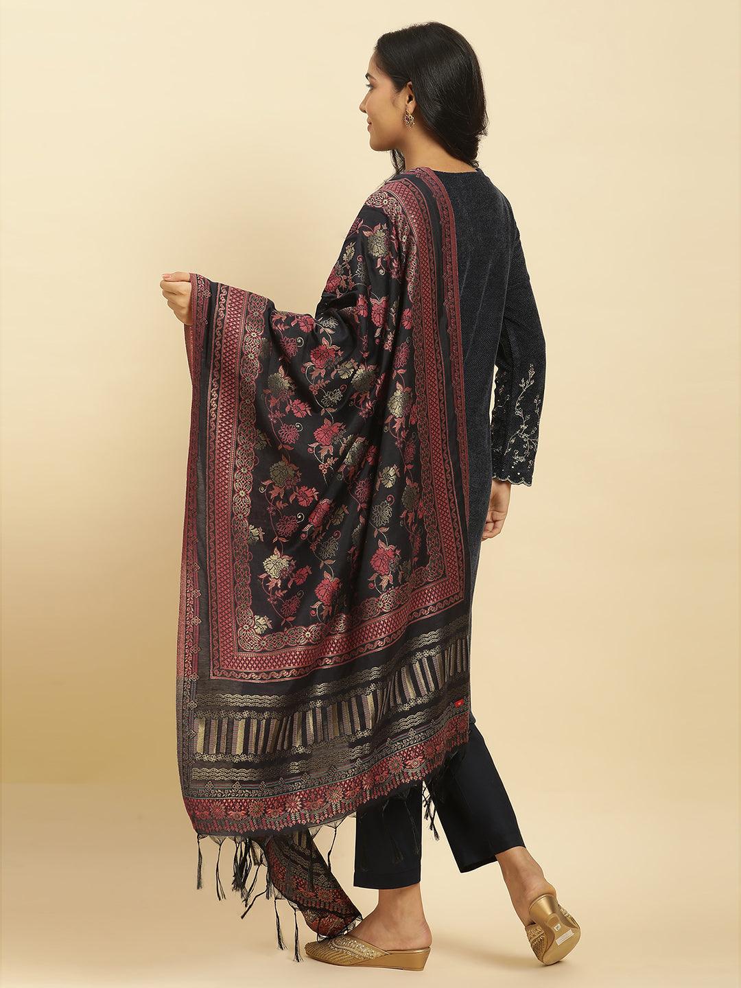 Blue Zari Embroidered Kurta, Pants And Jacquard Dupatta Set - Image 4