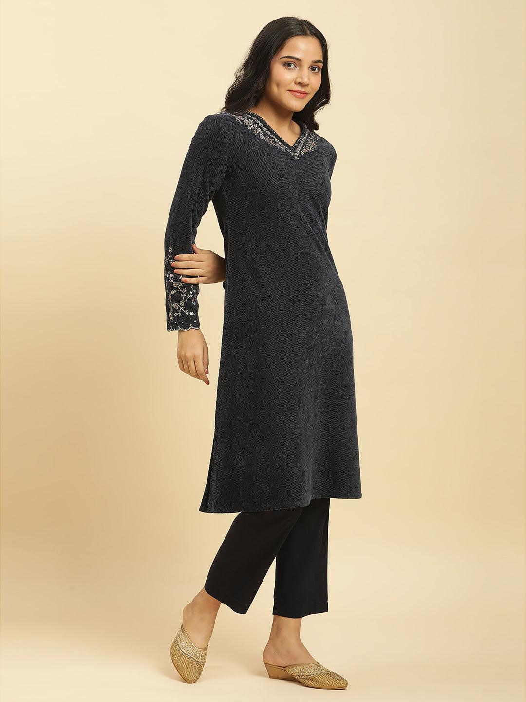 Blue Zari Embroidered Kurta, Pants And Jacquard Dupatta Set - Image 5
