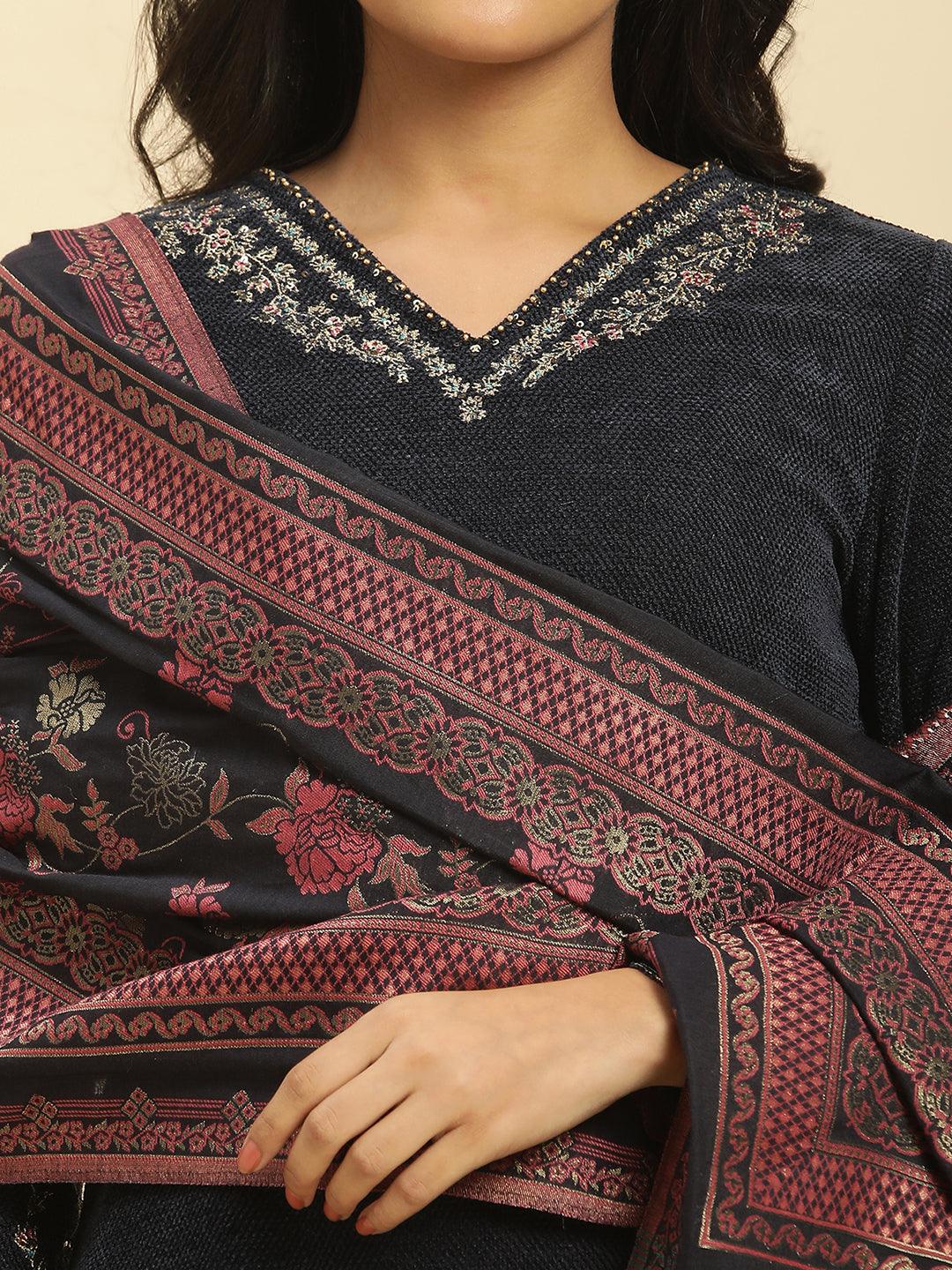 Blue Zari Embroidered Kurta, Pants And Jacquard Dupatta Set - Image 6