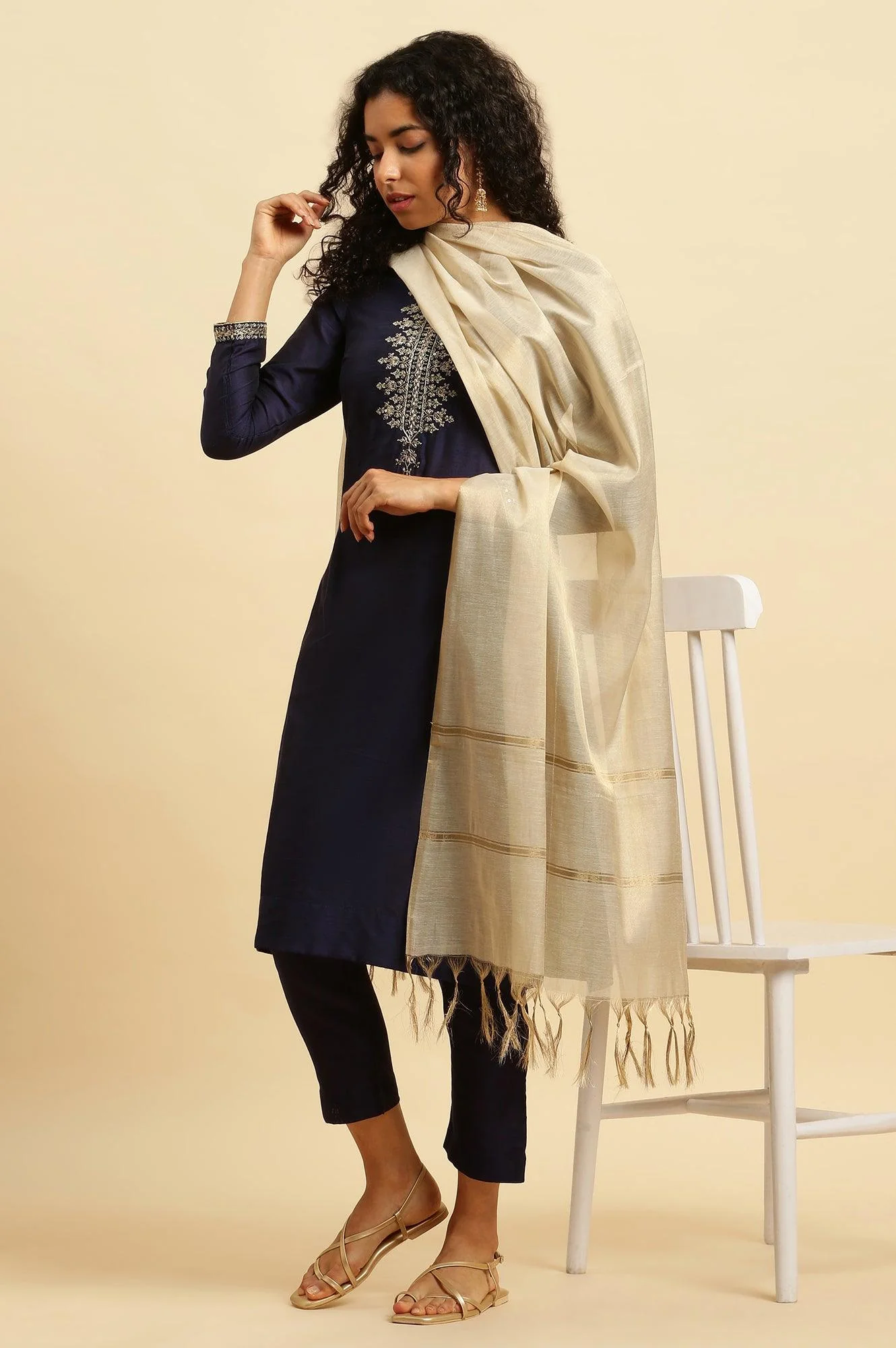 Blue Zari Embroidered Straight Kurta, Pants And Dupatta Set