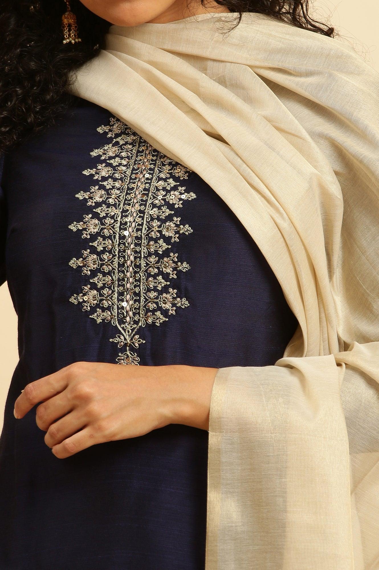 Blue Zari Embroidered Straight Kurta, Pants And Dupatta Set - Image 6